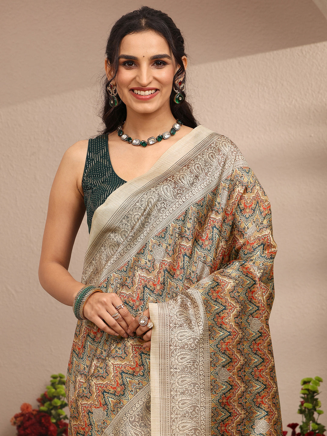  Multi Printed Silk Blend Saree With Unstitched Blouse Piece 