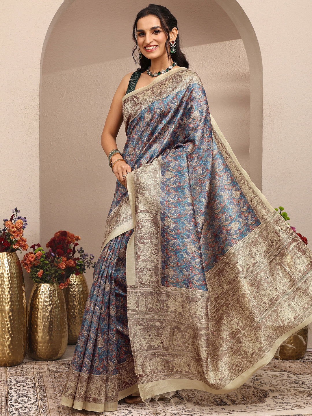  Multi Paisley Printed Silk Blend Saree With Unstitched Blouse Piece 