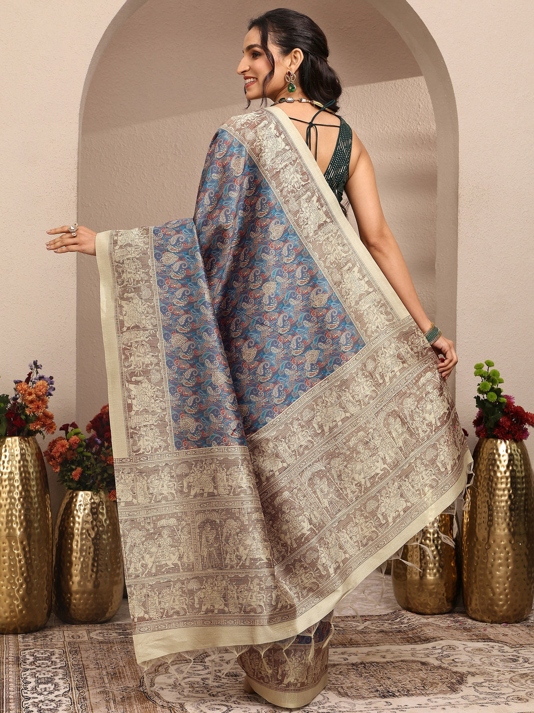  Multi Paisley Printed Silk Blend Saree With Unstitched Blouse Piece 