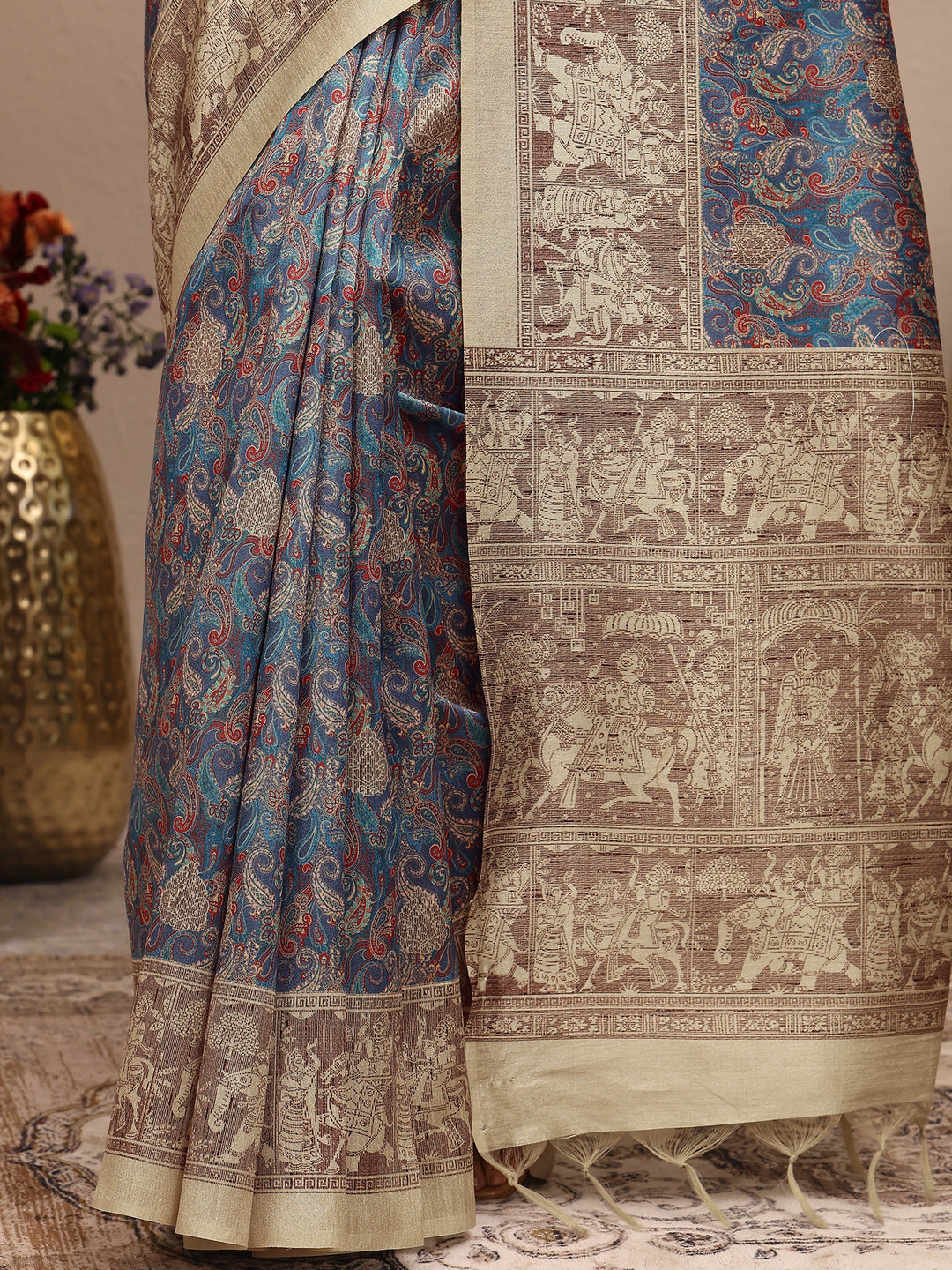  Multi Paisley Printed Silk Blend Saree With Unstitched Blouse Piece 