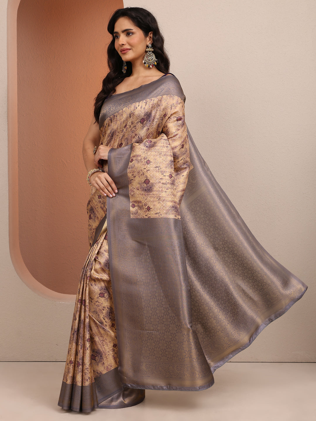  Gold Printed Silk Blend Saree With Unstitched Blouse Piece 