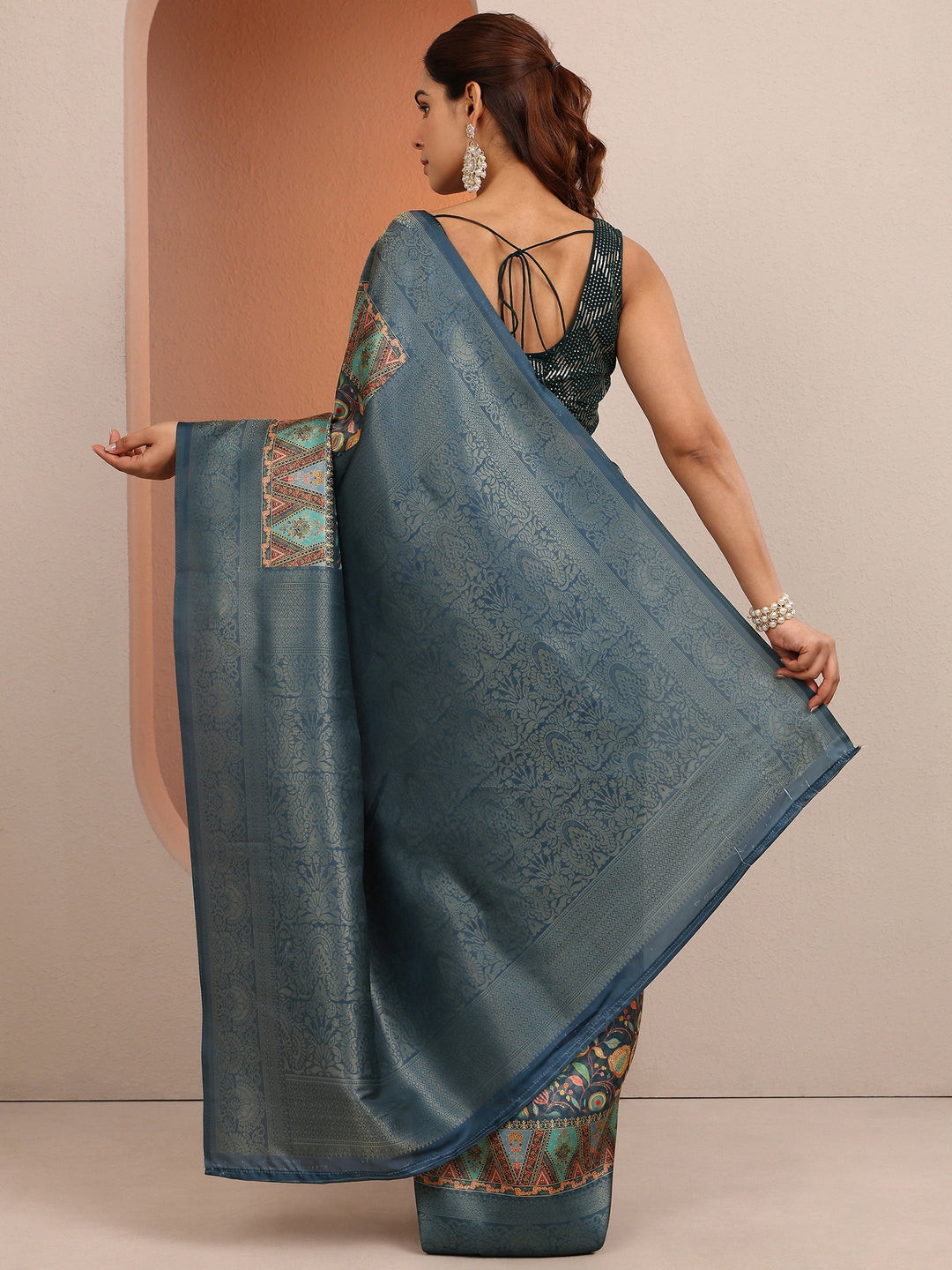  Blue Printed Silk Blend Saree With Unstitched Blouse Piece 