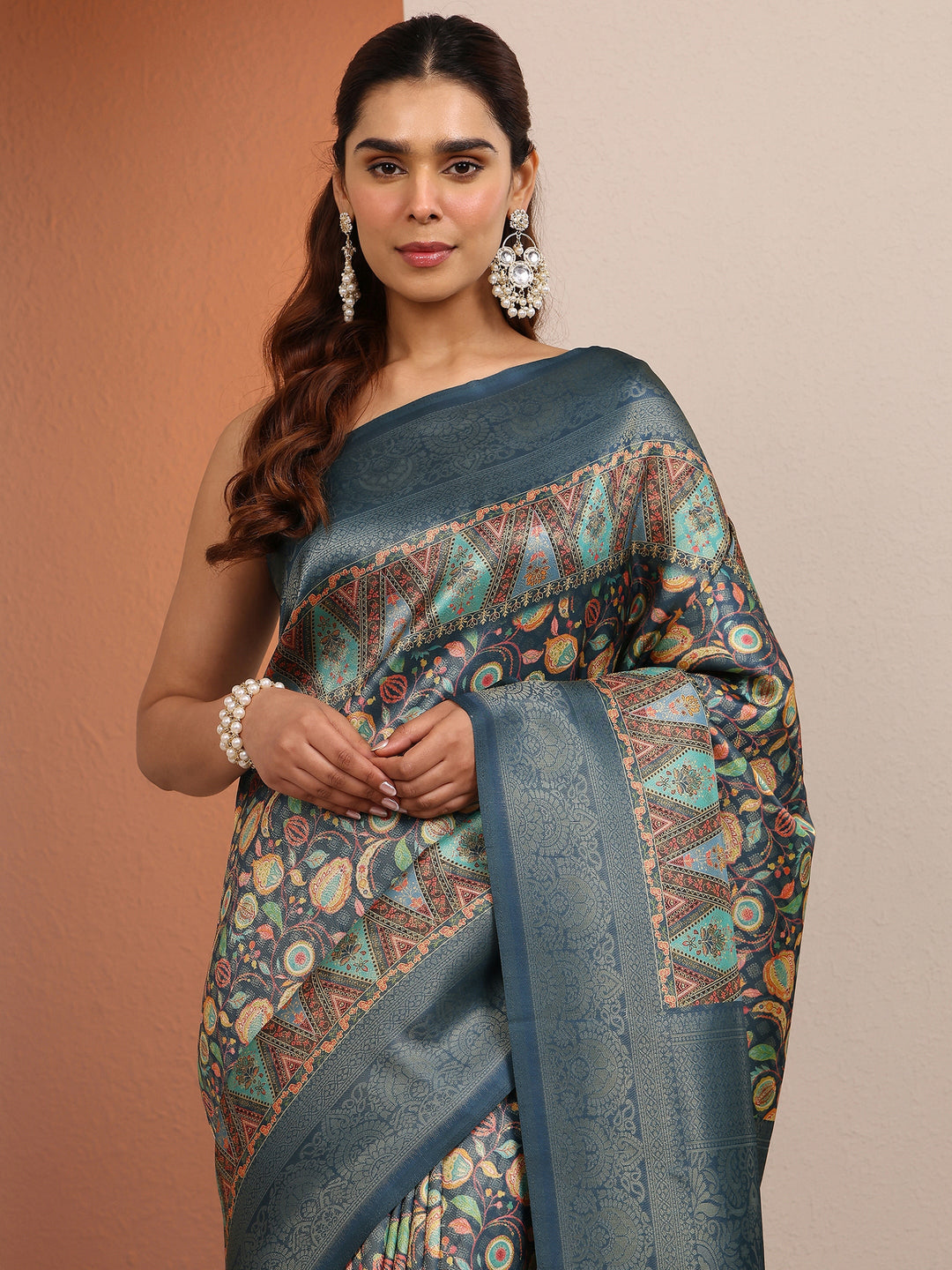  Blue Printed Silk Blend Saree With Unstitched Blouse Piece 