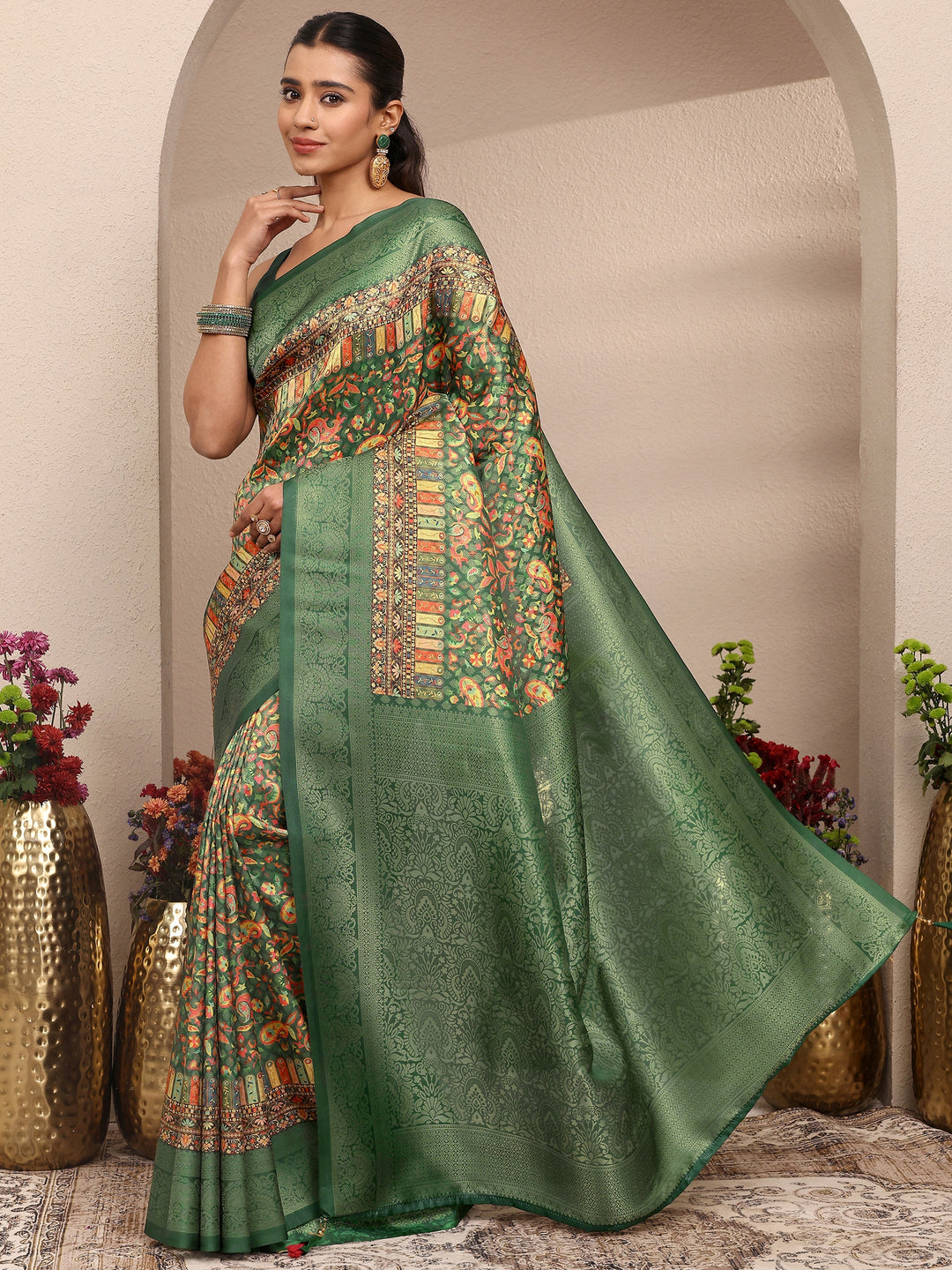  Green Printed Silk Blend Saree With Unstitched Blouse Piece 