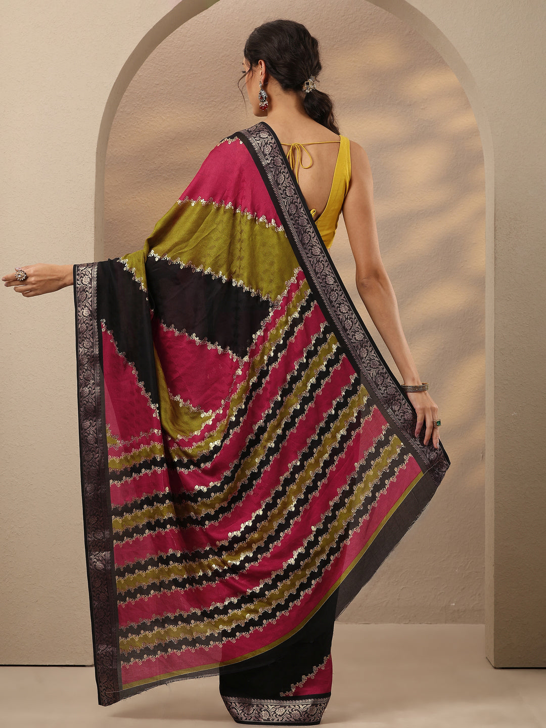  Multi Woven Design Silk Blend Saree With Unstitched Blouse Piece 