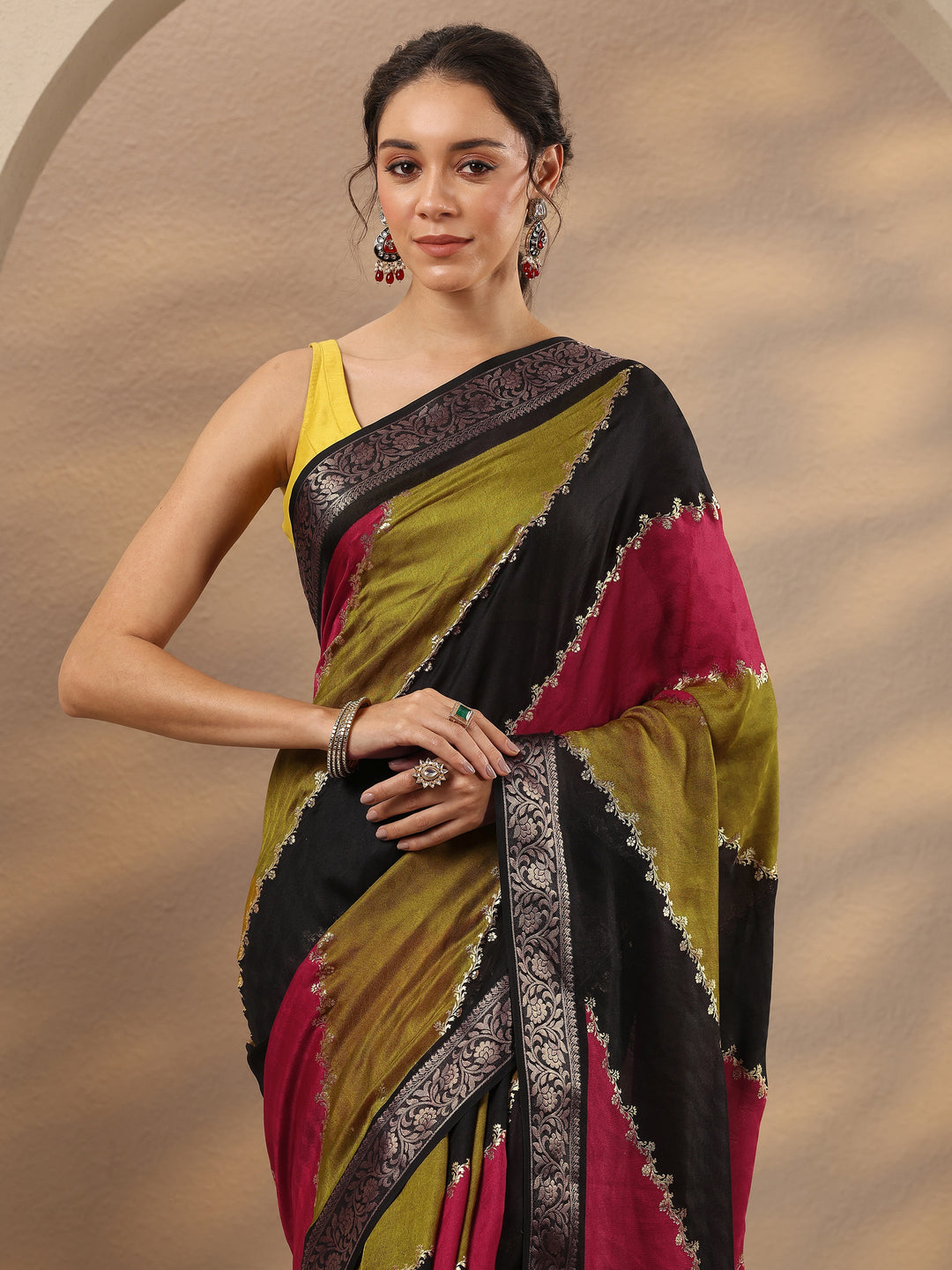  Multi Woven Design Silk Blend Saree With Unstitched Blouse Piece 
