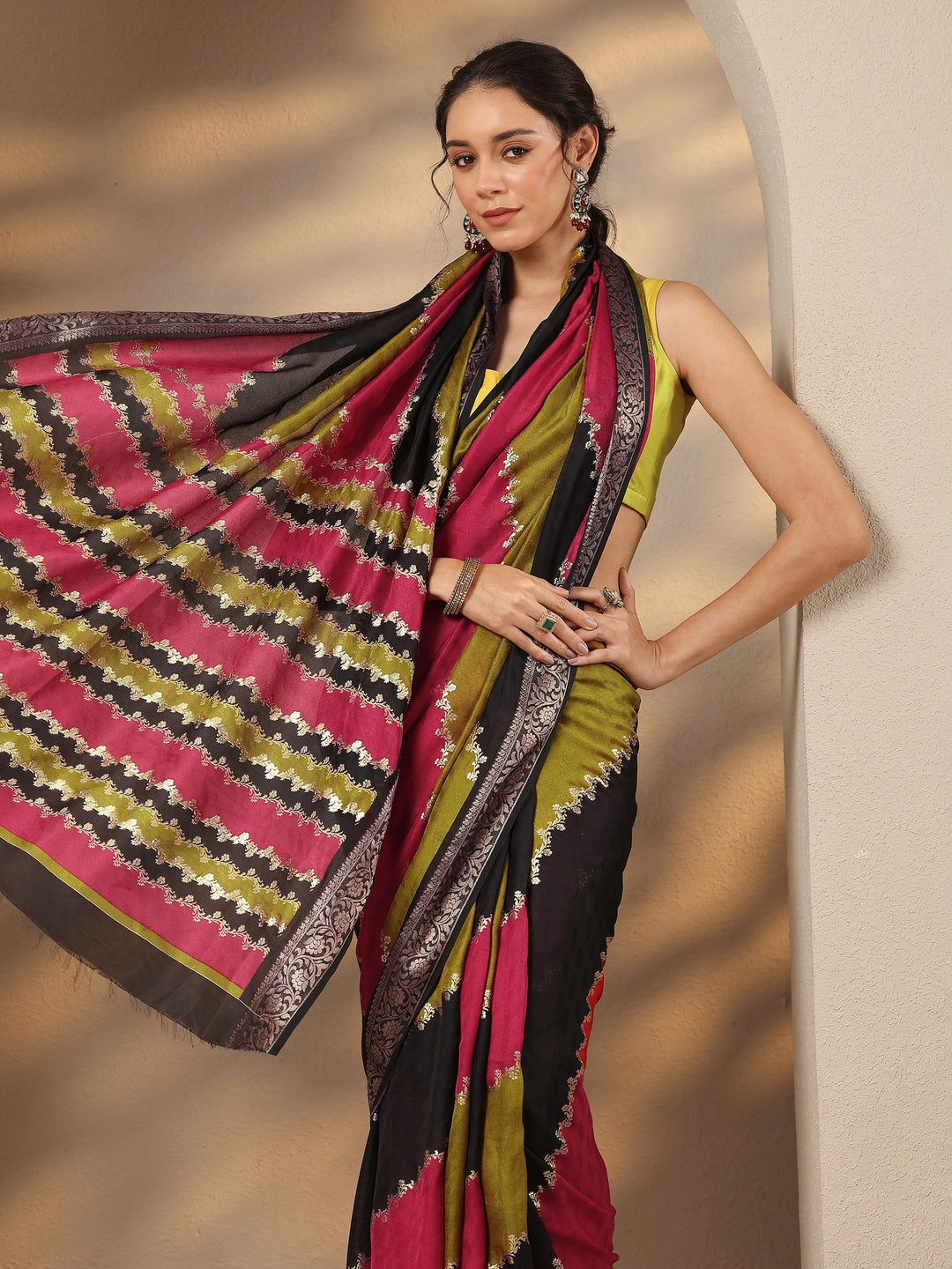  Multi Woven Design Silk Blend Saree With Unstitched Blouse Piece 