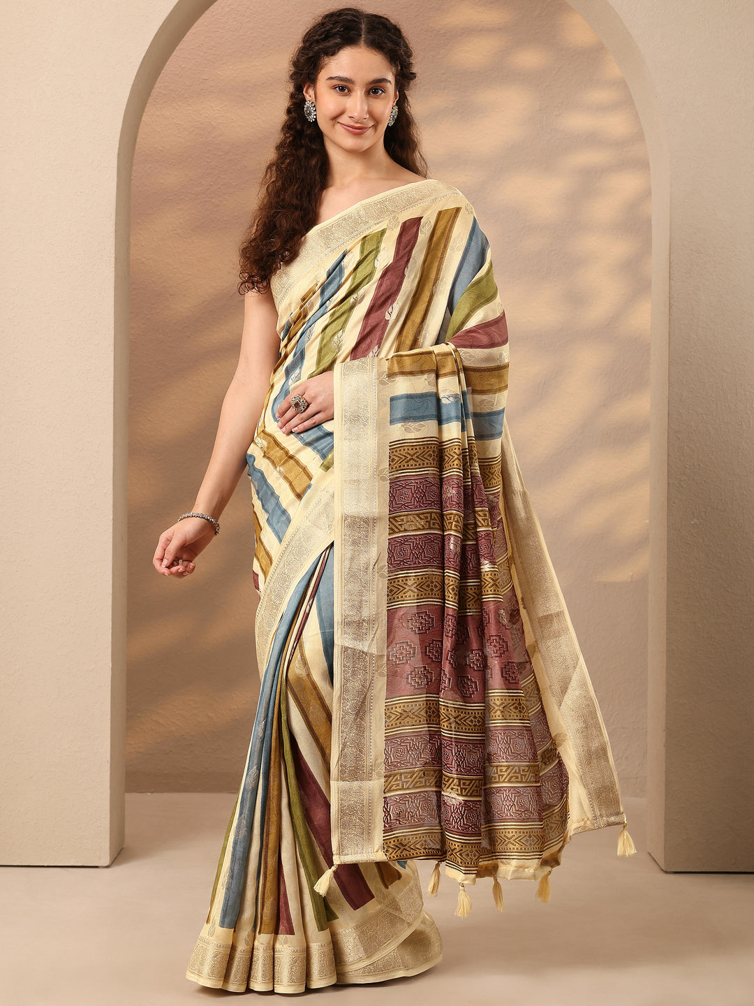  Beige Woven Design Silk Blend Saree With Unstitched Blouse Piece 