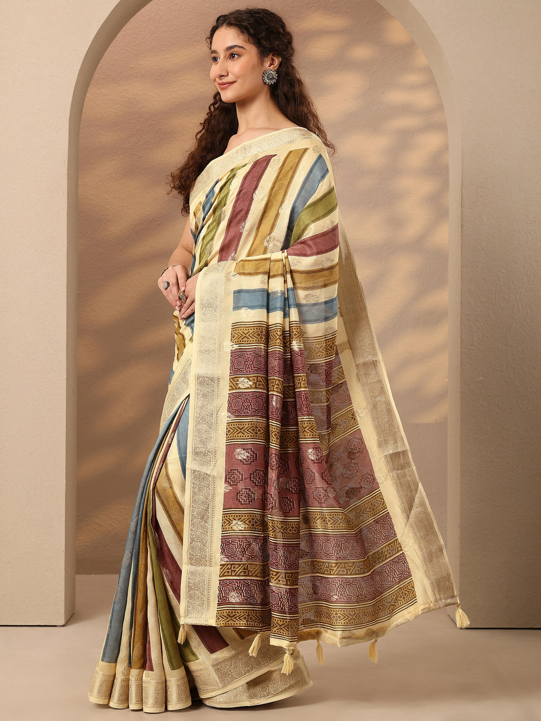  Beige Woven Design Silk Blend Saree With Unstitched Blouse Piece 