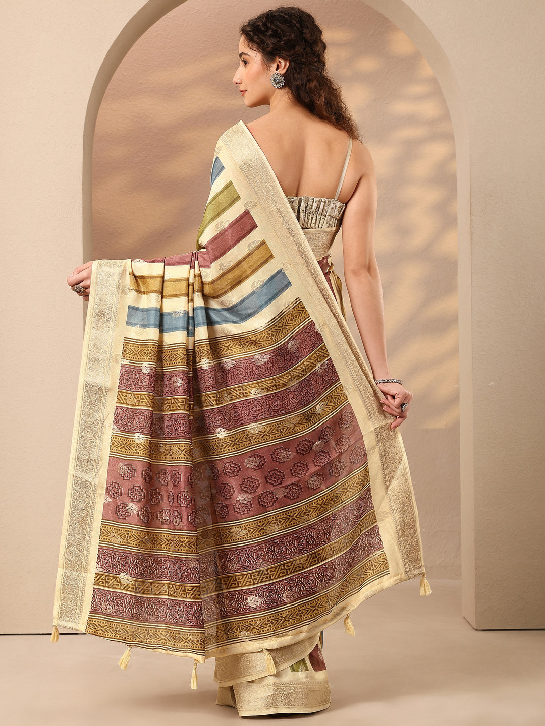  Beige Woven Design Silk Blend Saree With Unstitched Blouse Piece 