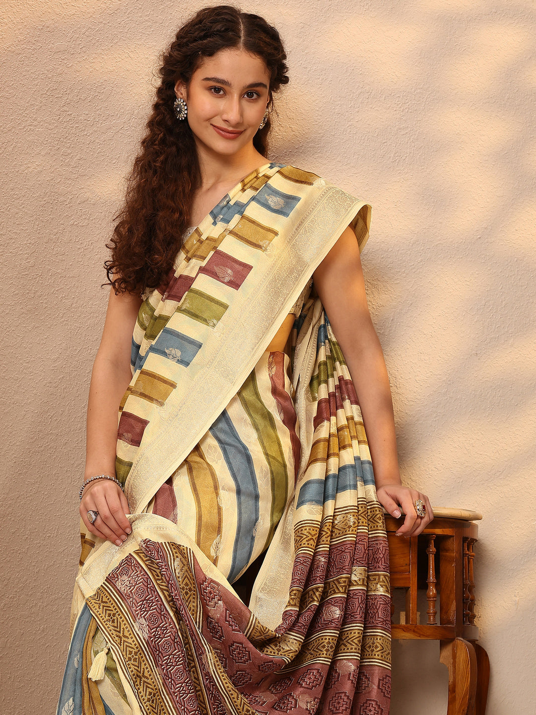  Beige Woven Design Silk Blend Saree With Unstitched Blouse Piece 