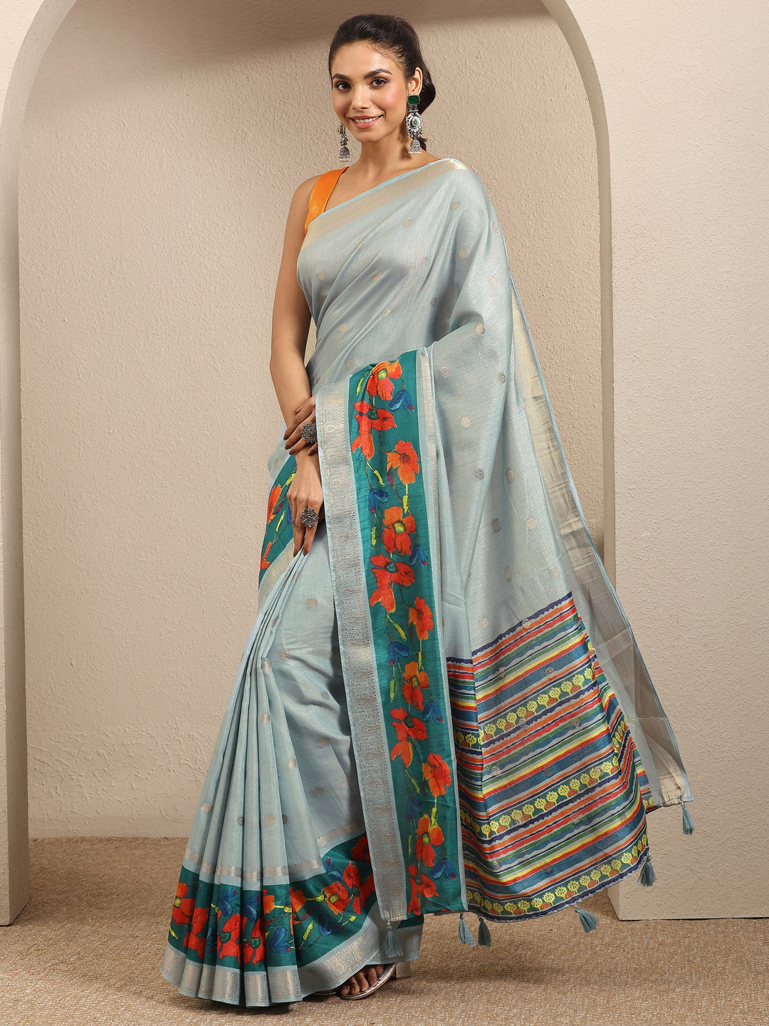  Blue Woven Design Silk Blend Saree With Unstitched Blouse Piece 