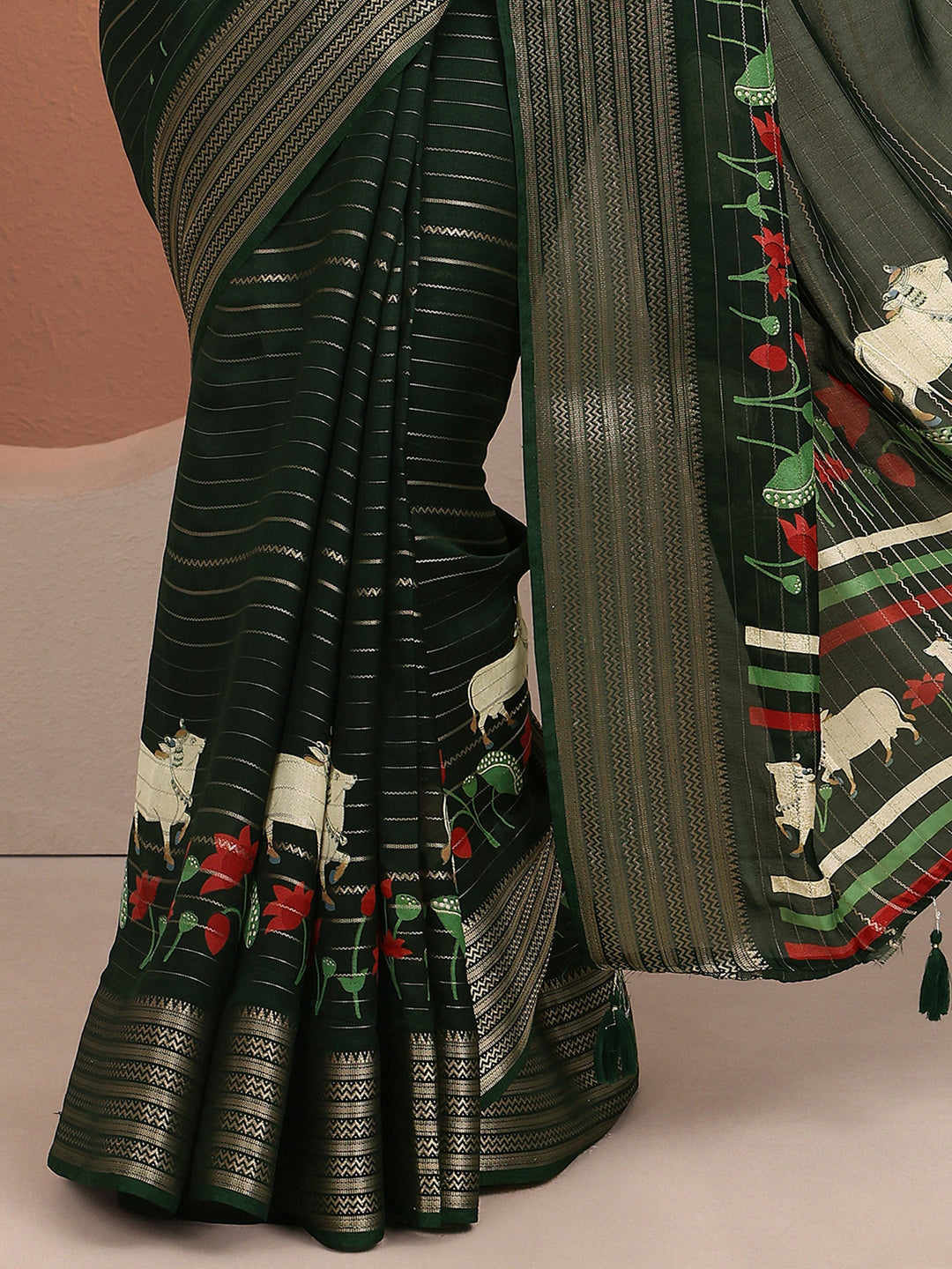  Green Printed Silk Blend Saree With Unstitched Blouse Piece 