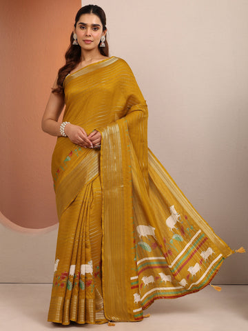 Mustard Printed Silk Blend Saree With Unstitched Blouse Piece
