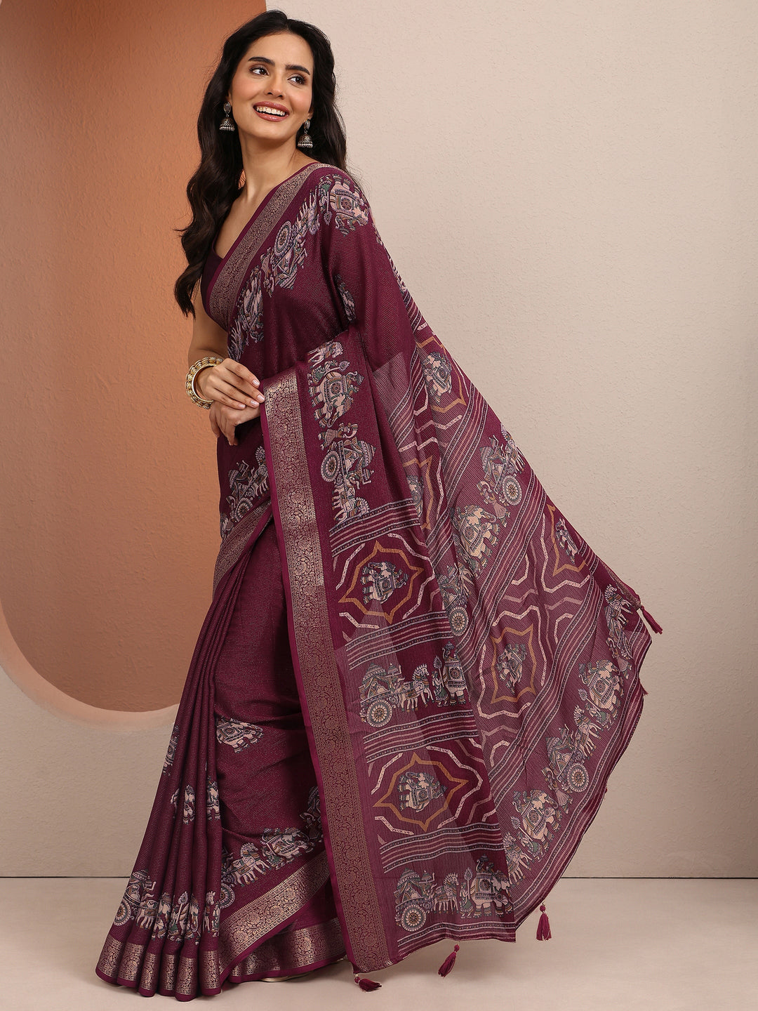  Burgundy Tribal Printed Silk Blend Saree With Unstitched Blouse Piece 