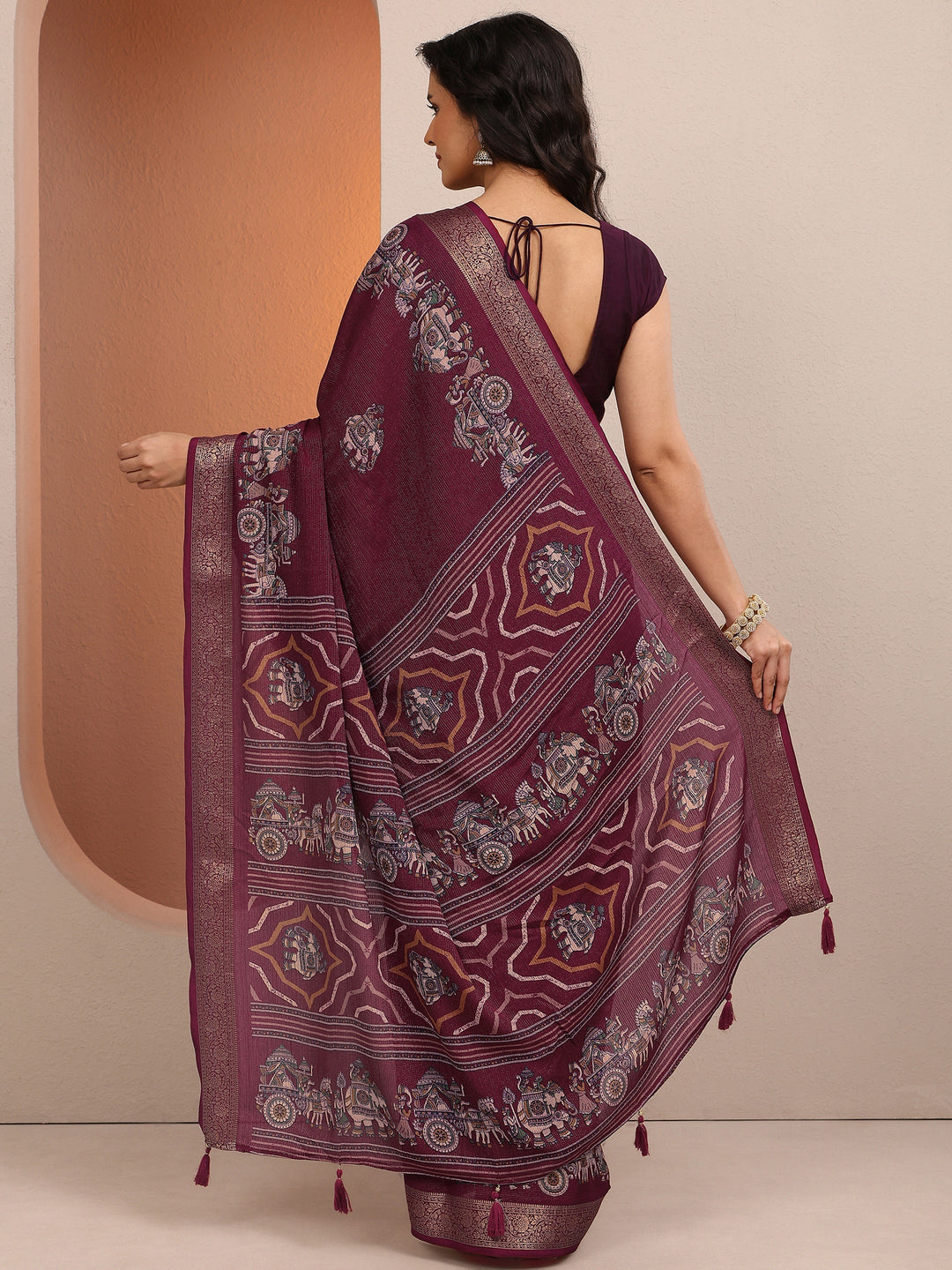  Burgundy Tribal Printed Silk Blend Saree With Unstitched Blouse Piece 