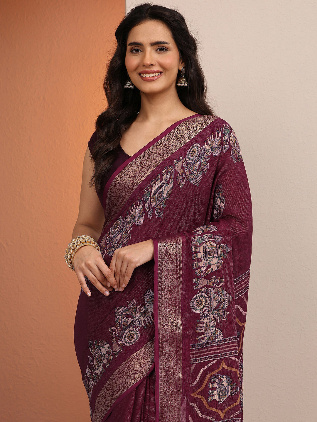  Burgundy Tribal Printed Silk Blend Saree With Unstitched Blouse Piece 