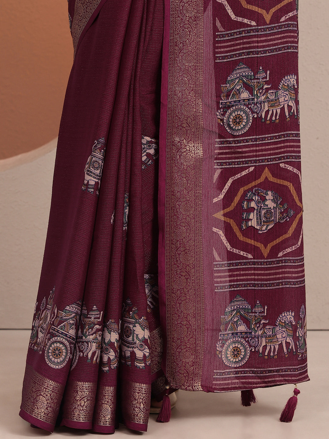  Burgundy Tribal Printed Silk Blend Saree With Unstitched Blouse Piece 