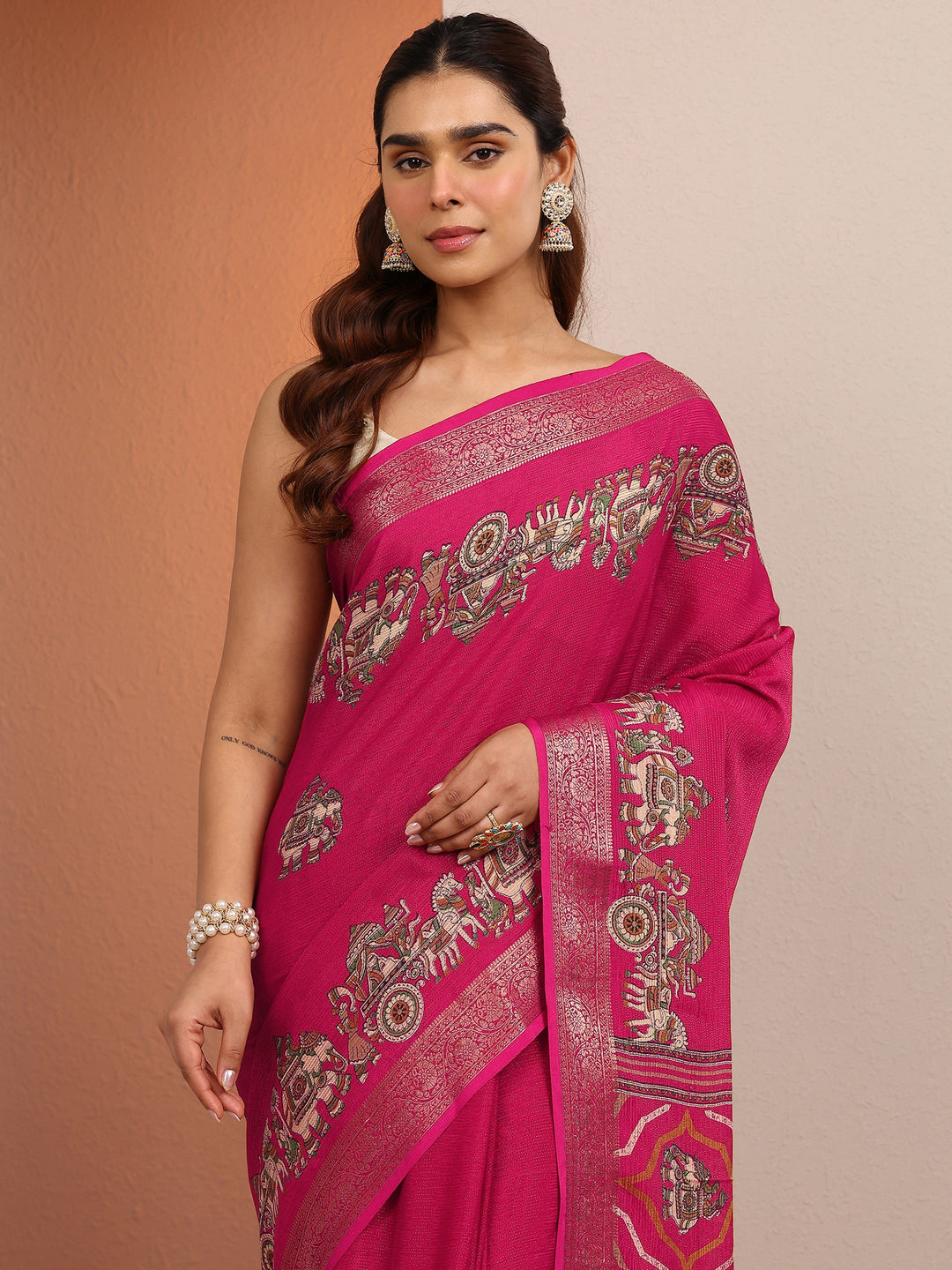  Pink Tribal Printed Silk Blend Saree With Unstitched Blouse Piece 