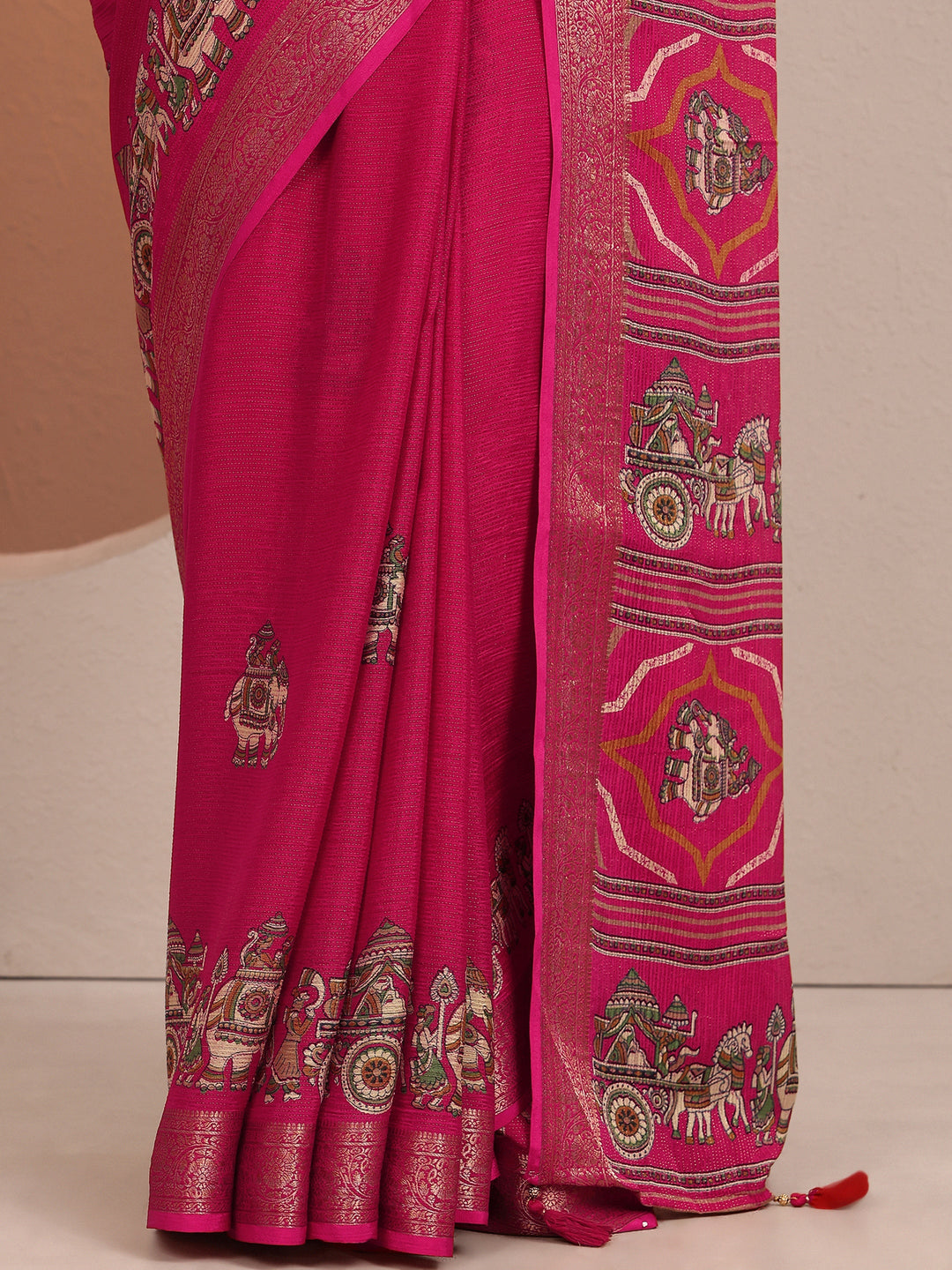  Pink Tribal Printed Silk Blend Saree With Unstitched Blouse Piece 