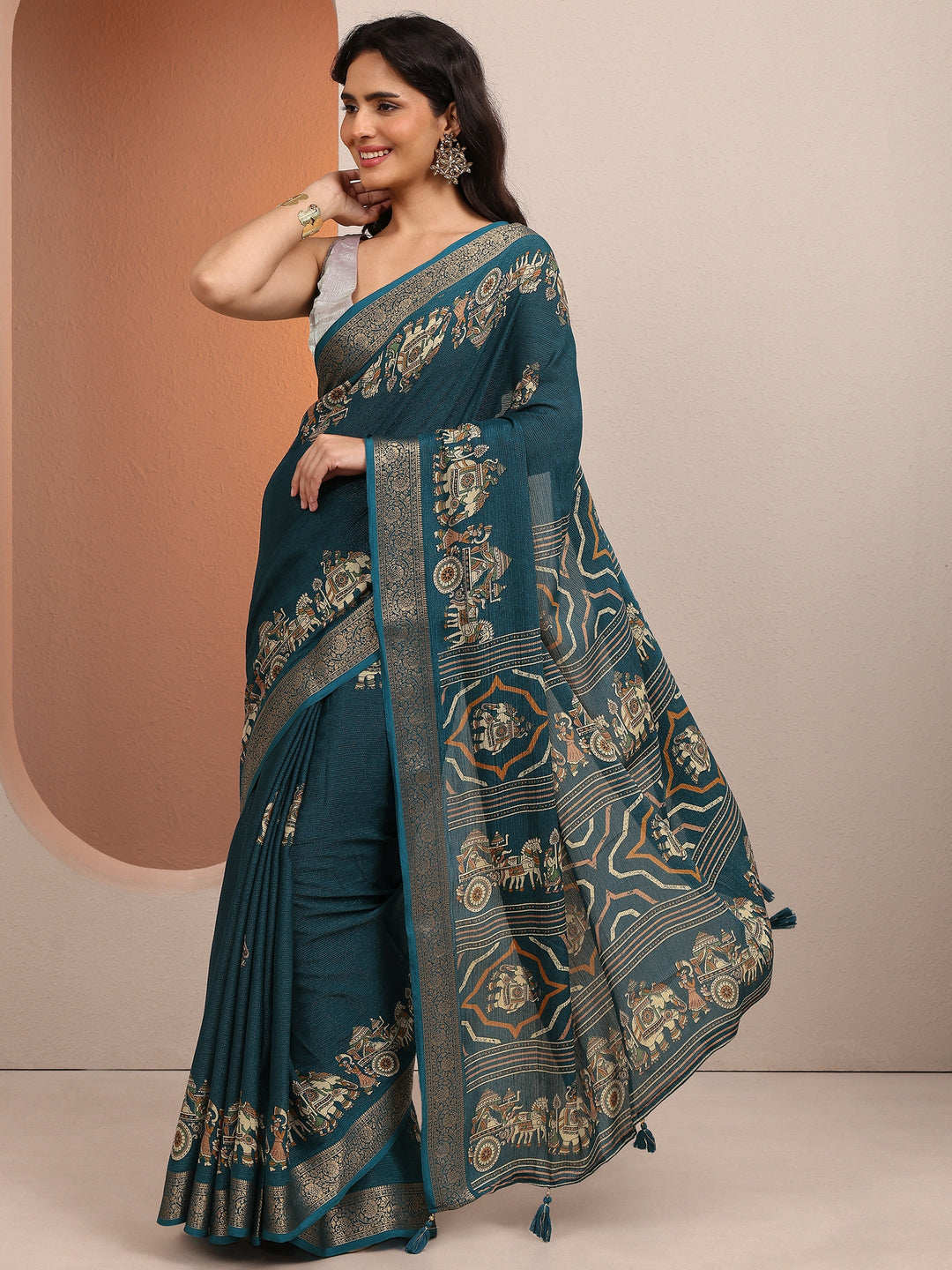 Blue Tribal Printed Silk Blend Saree With Unstitched Blouse Piece