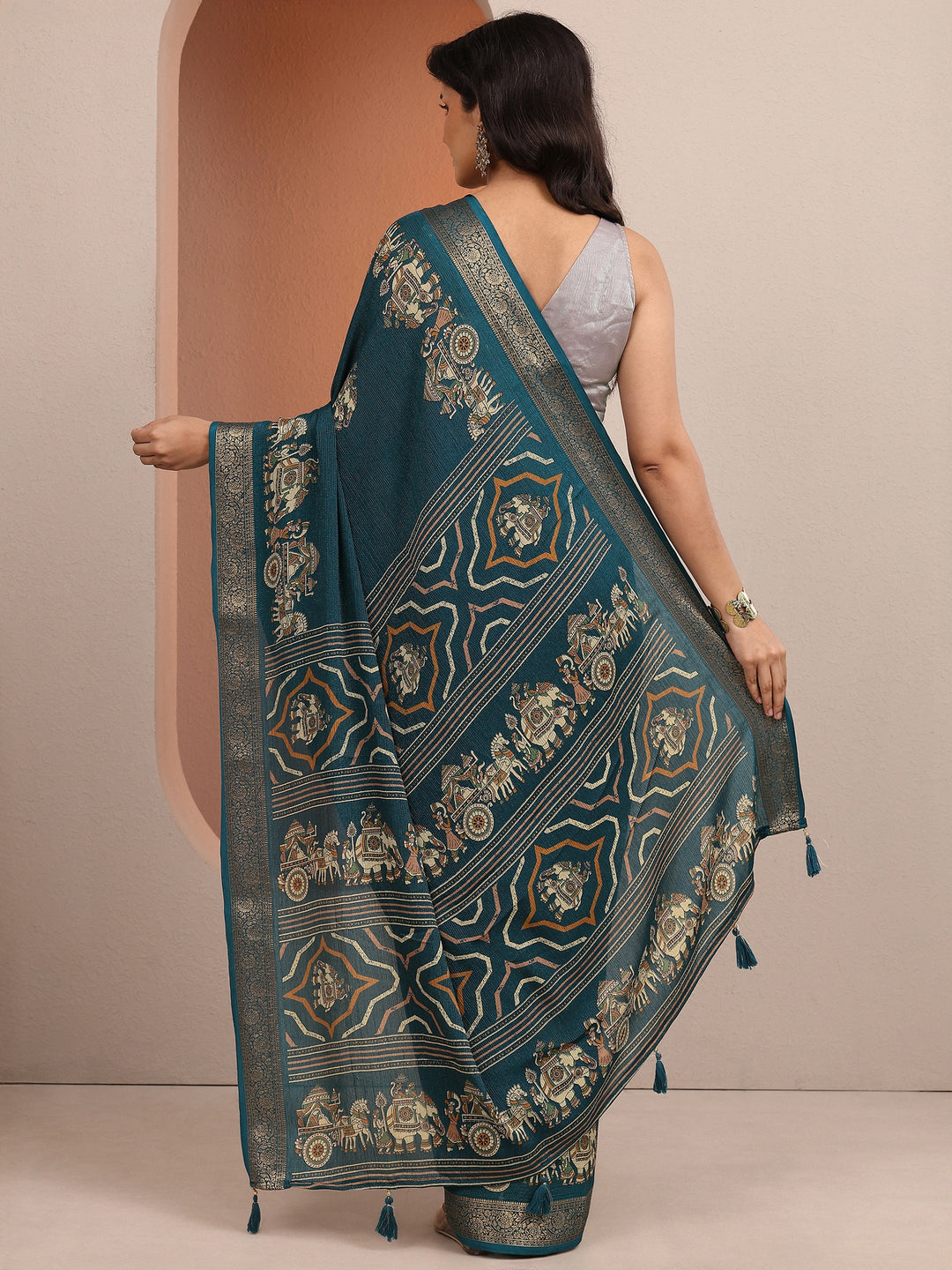  Blue Tribal Printed Silk Blend Saree With Unstitched Blouse Piece 