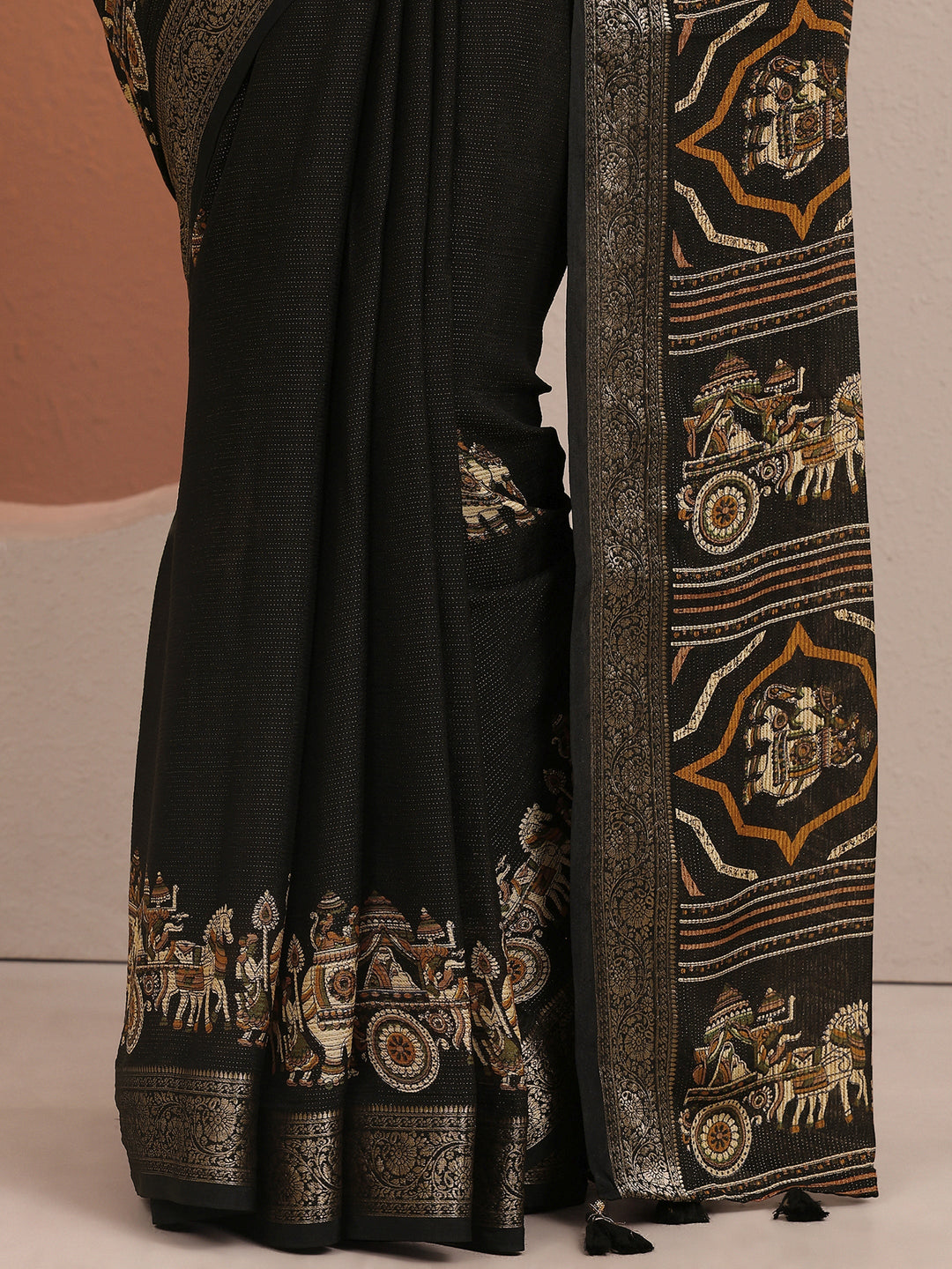  Black Tribal Printed Silk Blend Saree With Unstitched Blouse Piece 