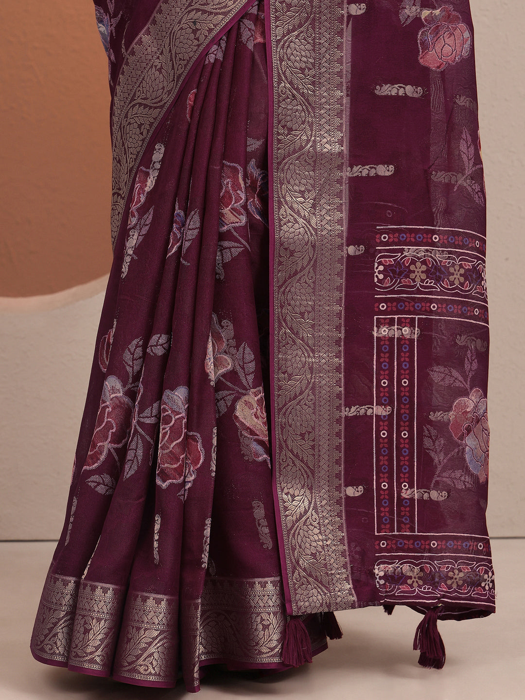  Burgundy Printed Silk Blend Saree With Unstitched Blouse Piece 