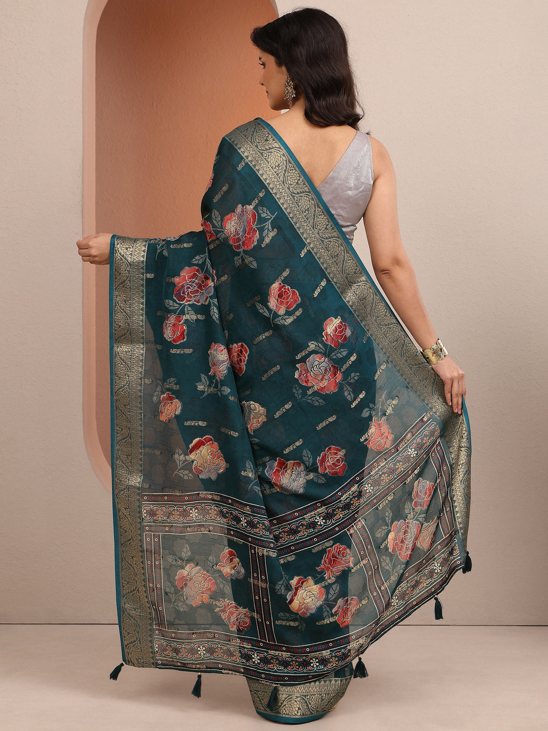  Blue Printed Silk Blend Saree With Unstitched Blouse Piece 