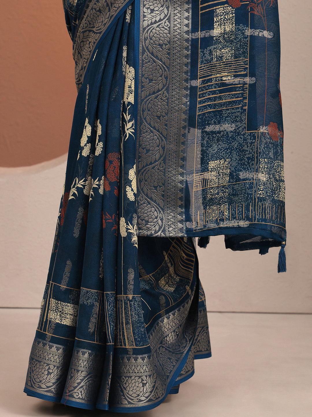  Blue Printed Silk Blend Saree With Unstitched Blouse Piece 