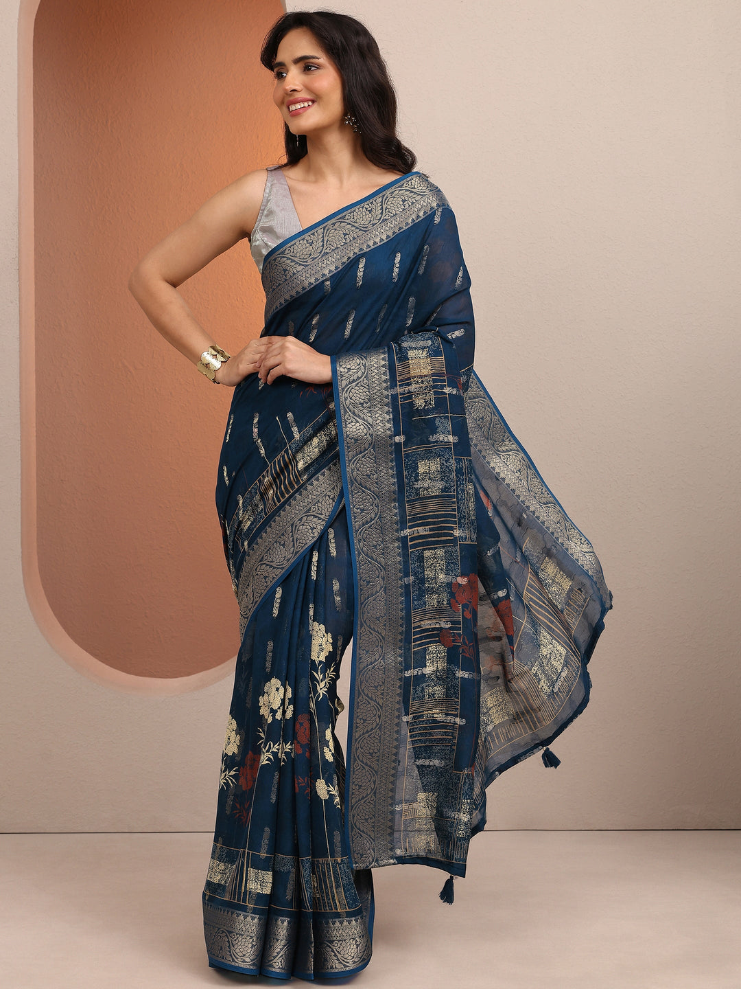  Blue Printed Silk Blend Saree With Unstitched Blouse Piece 