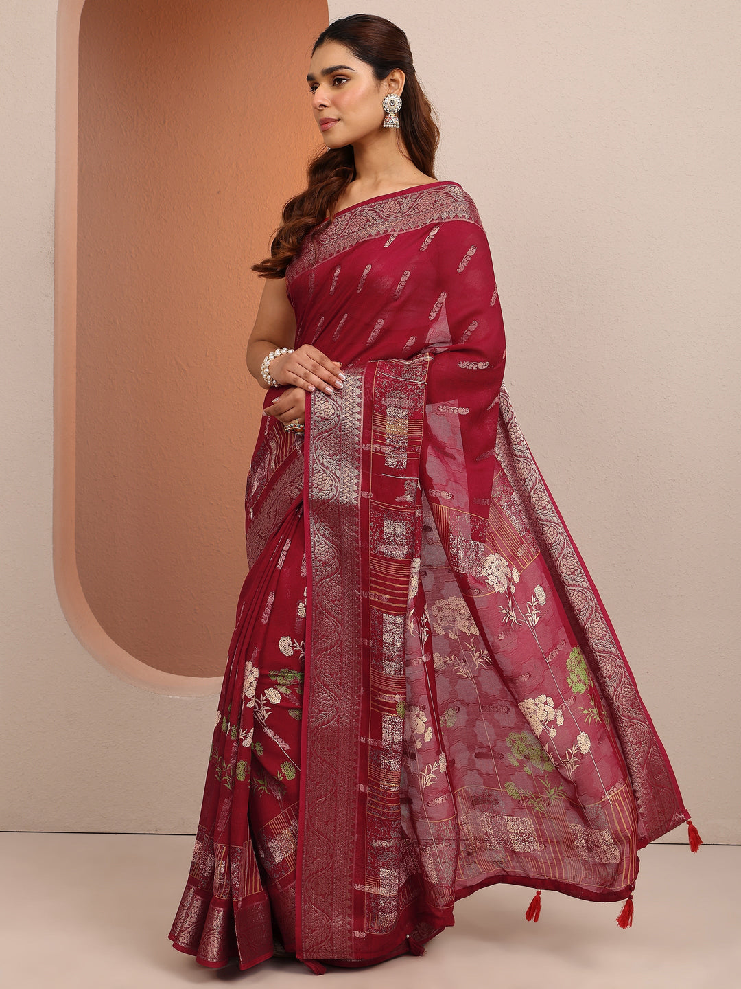  Red Printed Silk Blend Saree With Unstitched Blouse Piece 