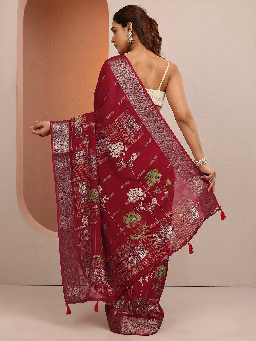  Red Printed Silk Blend Saree With Unstitched Blouse Piece 