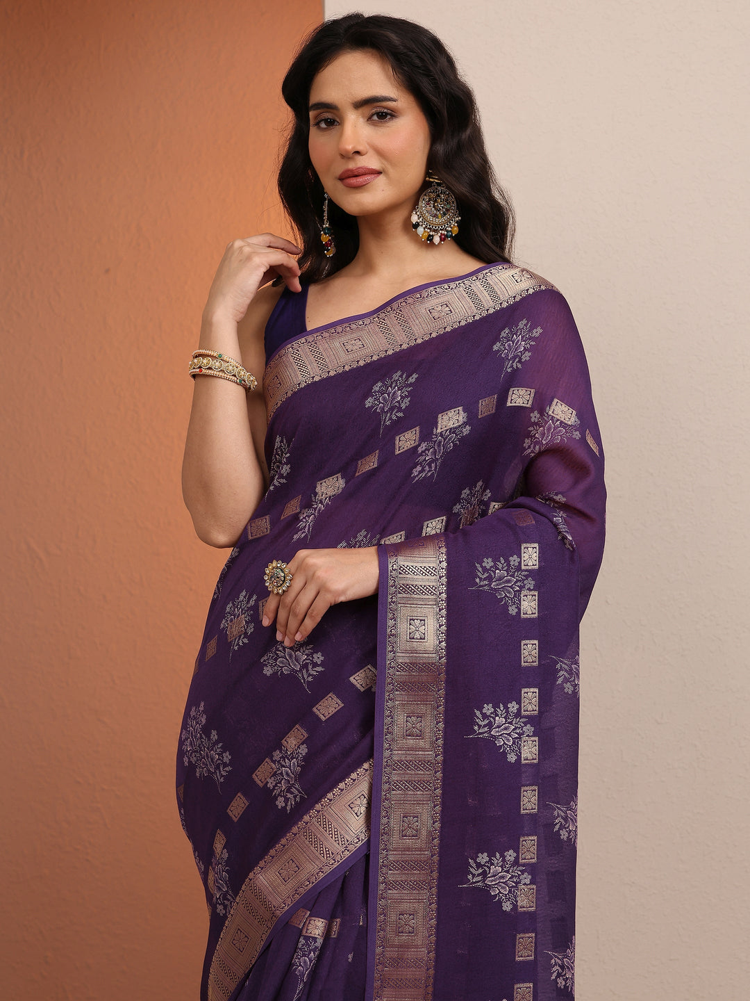  Purple Printed Silk Blend Saree With Unstitched Blouse Piece 