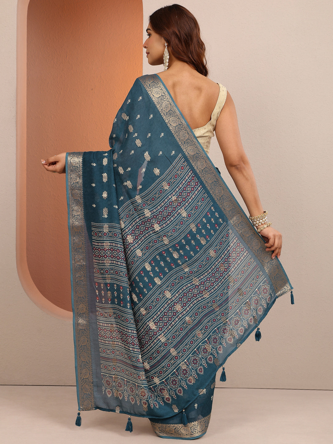  Blue Printed Silk Blend Saree With Unstitched Blouse Piece 