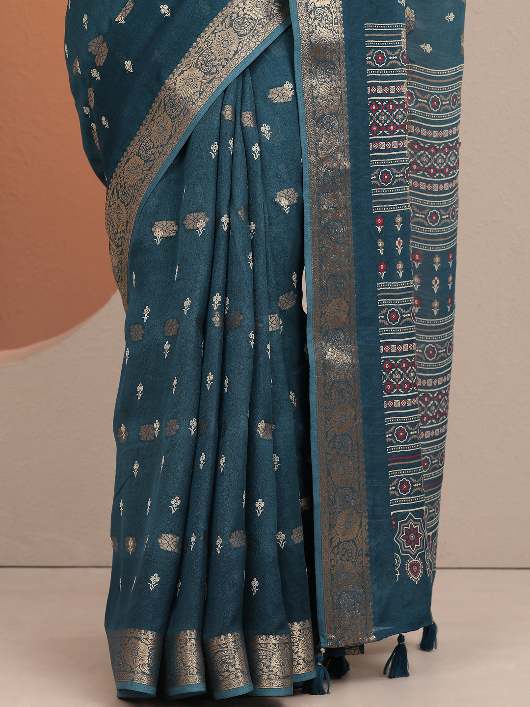  Blue Printed Silk Blend Saree With Unstitched Blouse Piece 