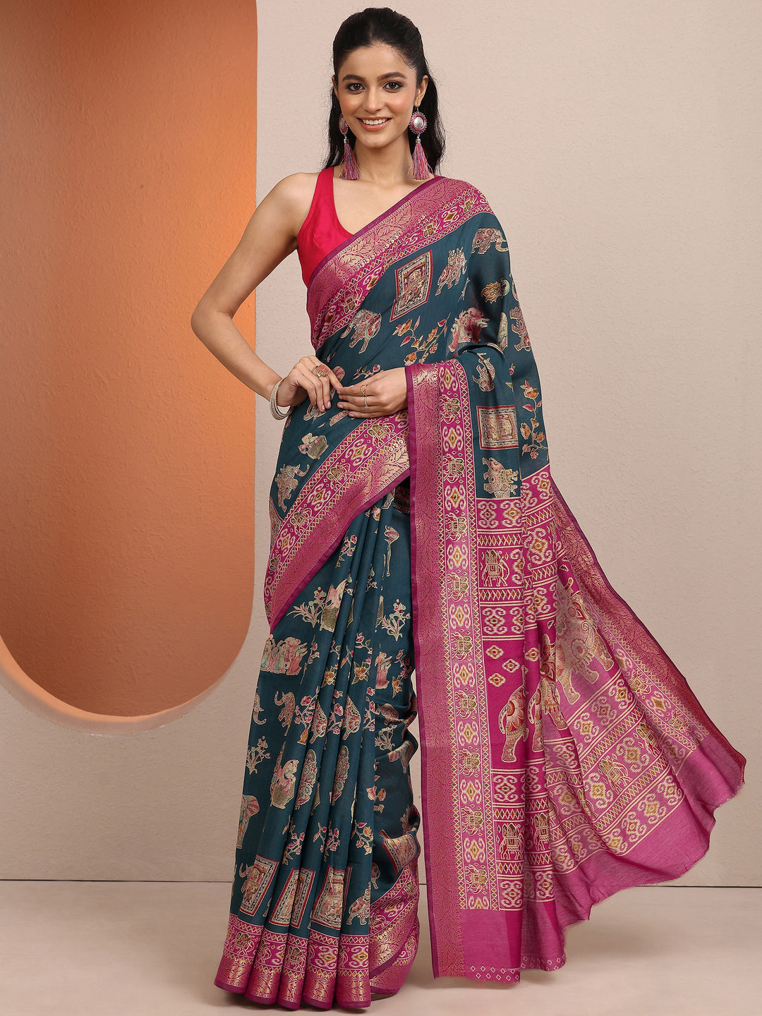 Blue Printed Silk Blend Saree With Unstitched Blouse Piece