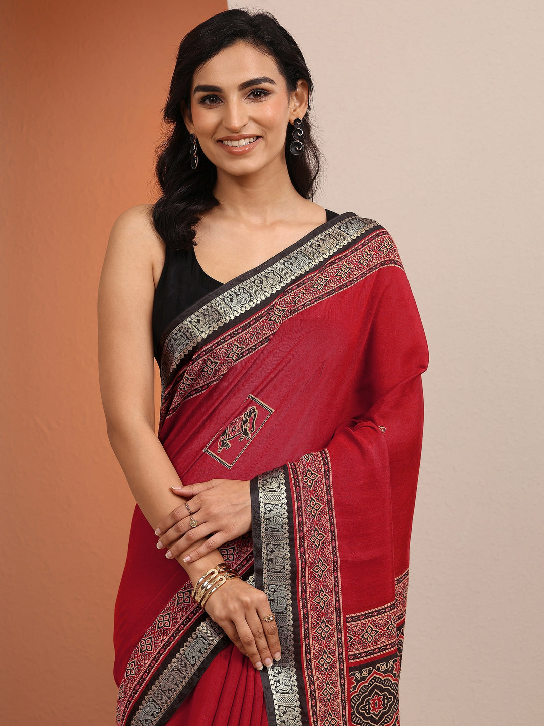  Red Printed Silk Blend Saree With Unstitched Blouse Piece 