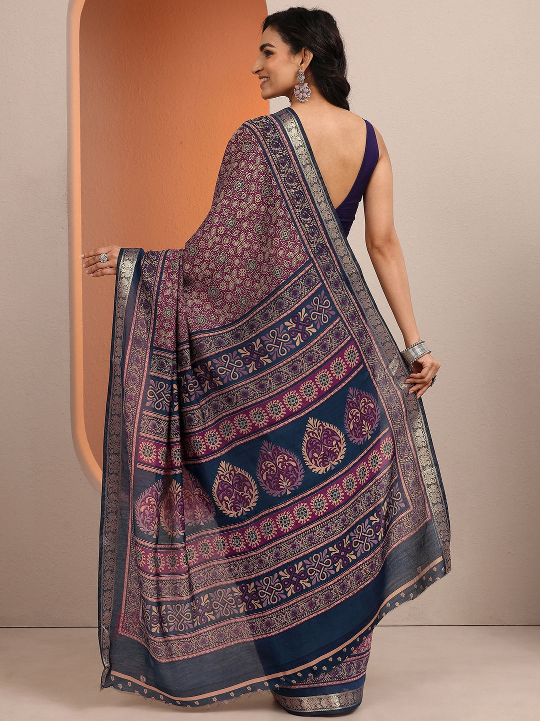  Purple Printed Silk Blend Saree With Unstitched Blouse Piece 