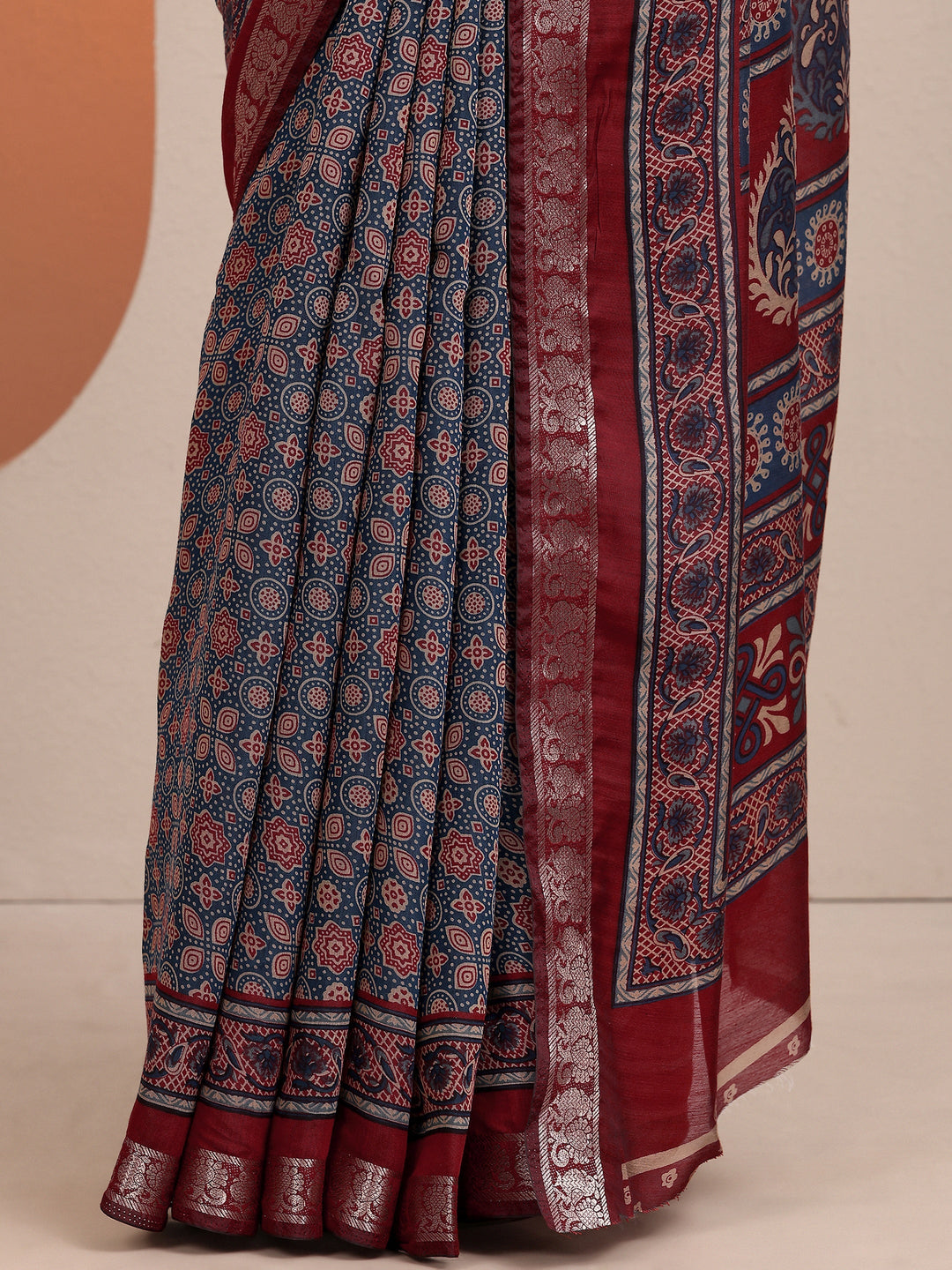  Blue Printed Silk Blend Saree With Unstitched Blouse Piece 