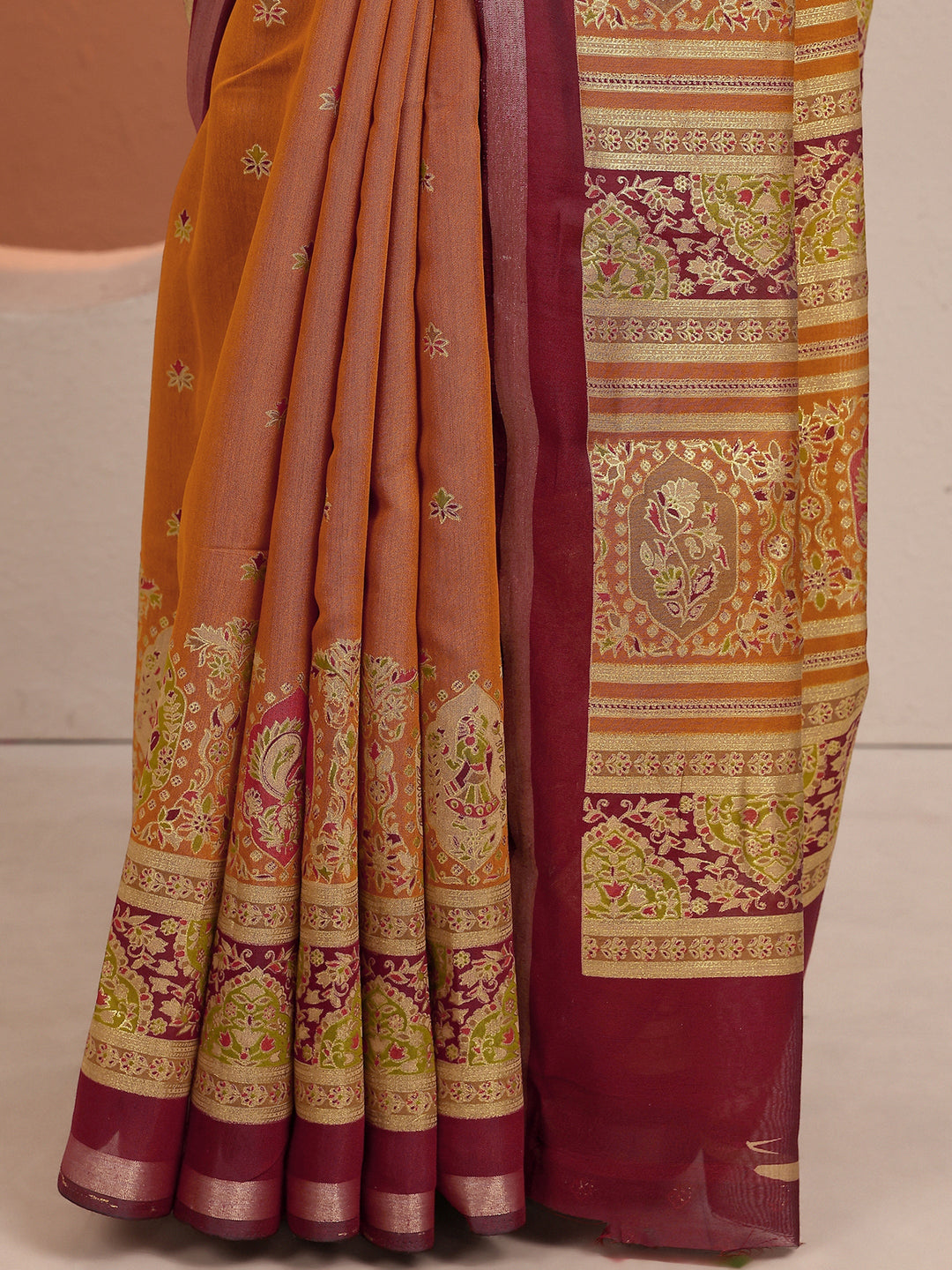  Mustard Printed Silk Blend Saree With Unstitched Blouse Piece 