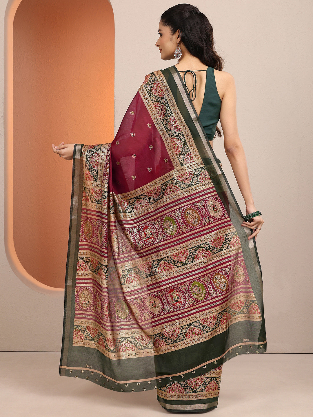  Red Printed Silk Blend Saree With Unstitched Blouse Piece 