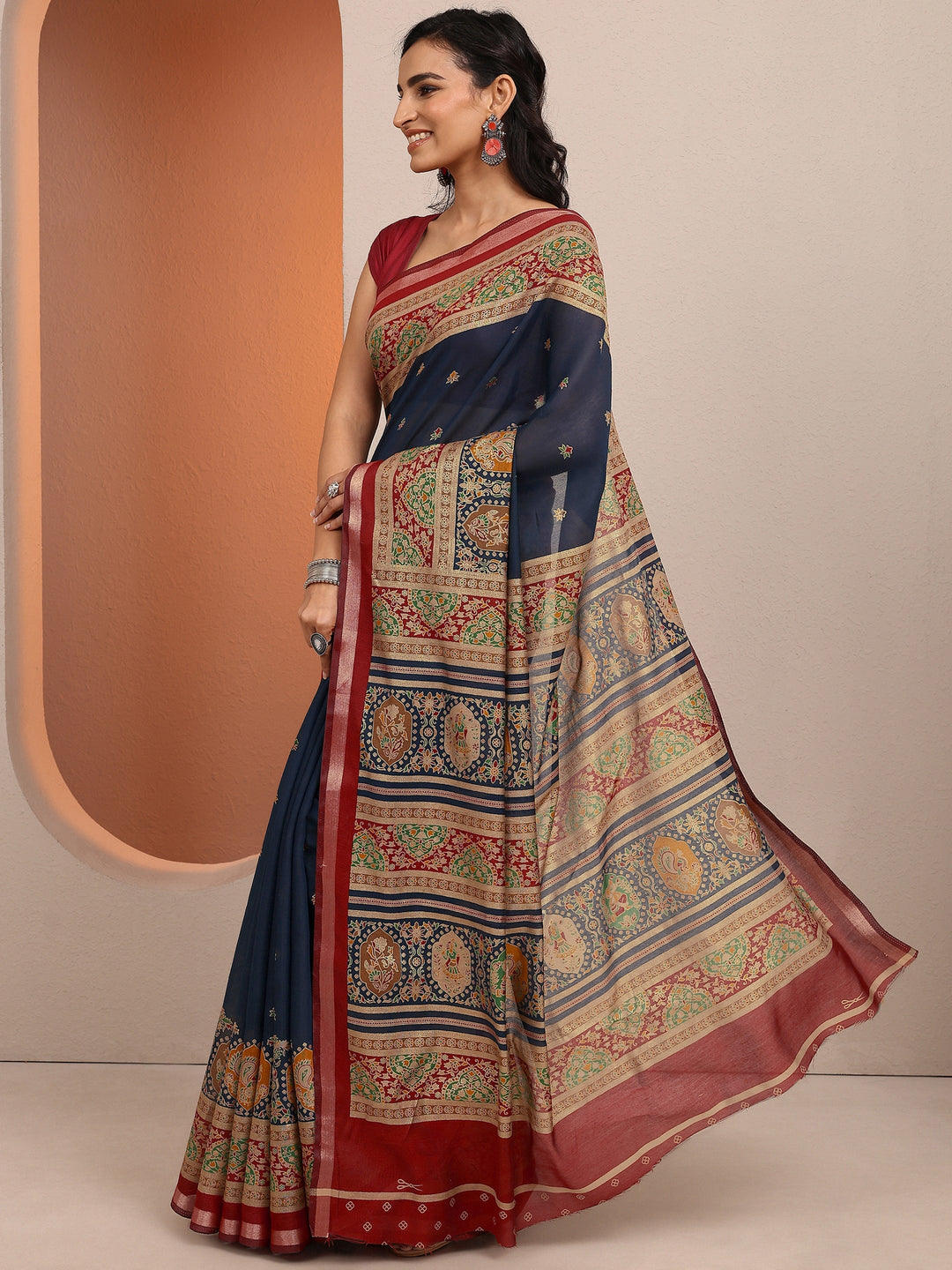  Blue Printed Silk Blend Saree With Unstitched Blouse Piece 