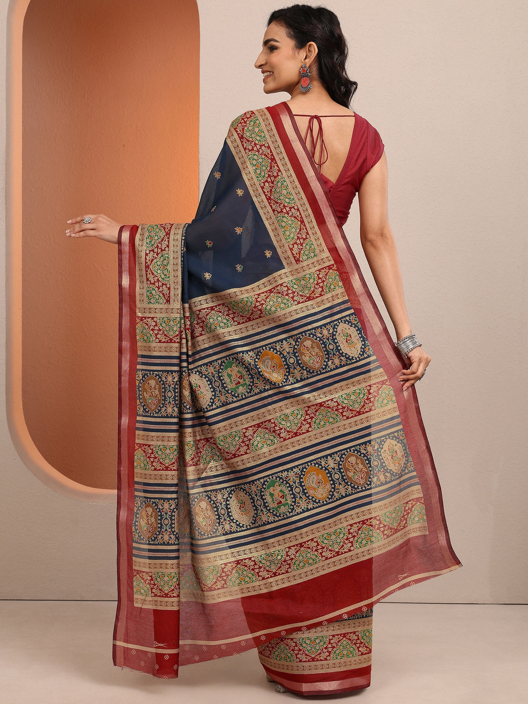  Blue Printed Silk Blend Saree With Unstitched Blouse Piece 