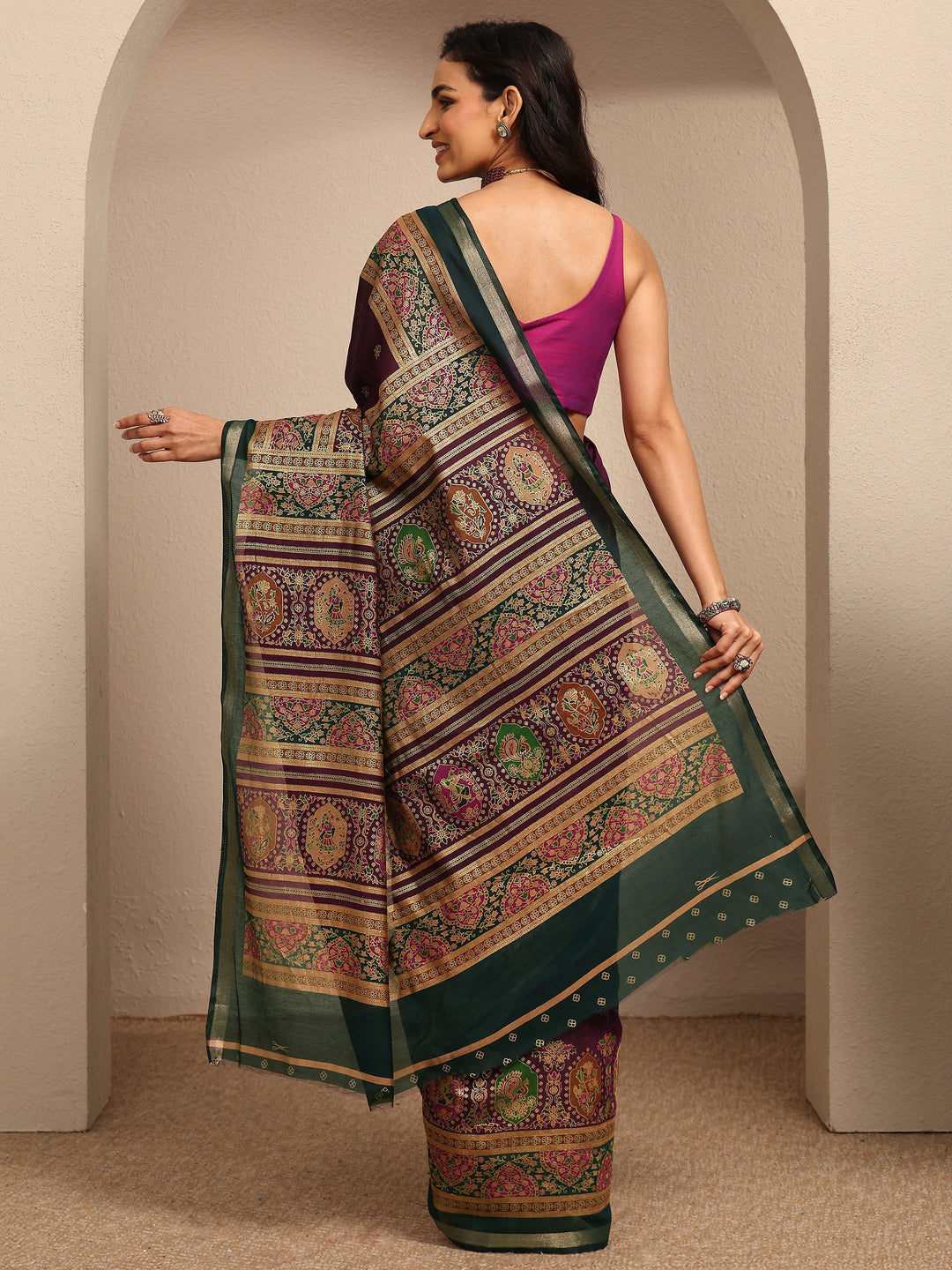  Purple Printed Silk Blend Saree With Unstitched Blouse Piece 