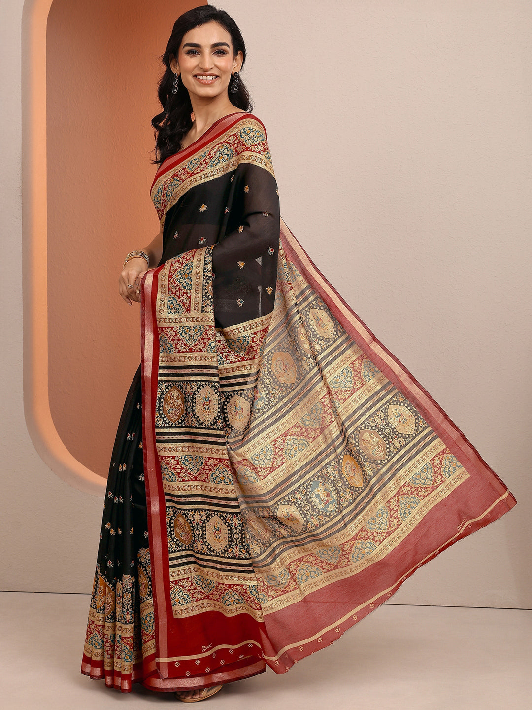  Black Printed Silk Blend Saree With Unstitched Blouse Piece 