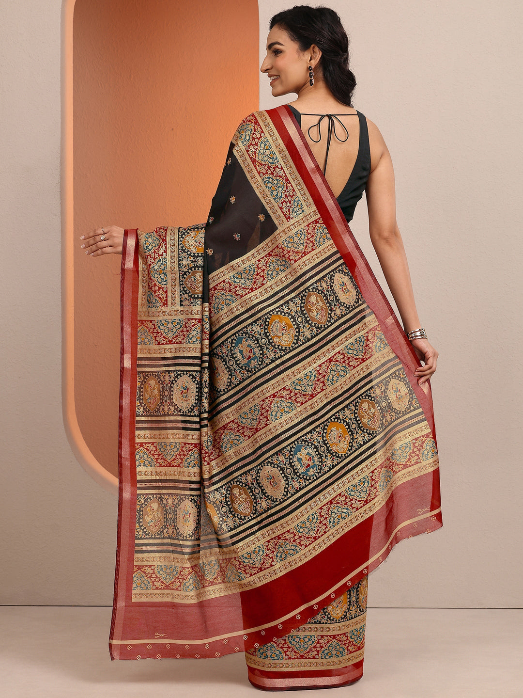  Black Printed Silk Blend Saree With Unstitched Blouse Piece 