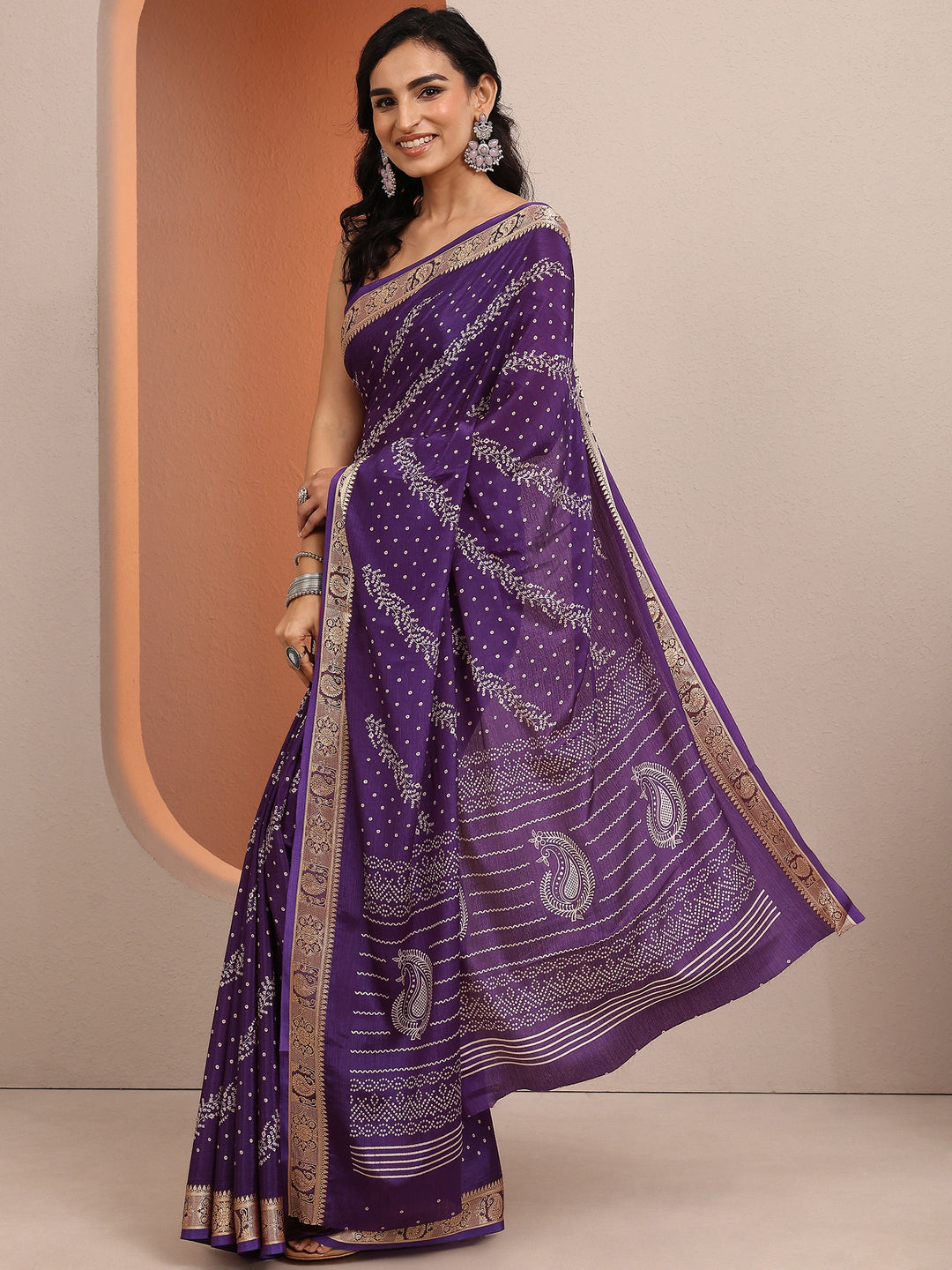  Purple Bandhani Printed Silk Blend Saree With Unstitched Blouse Piece 