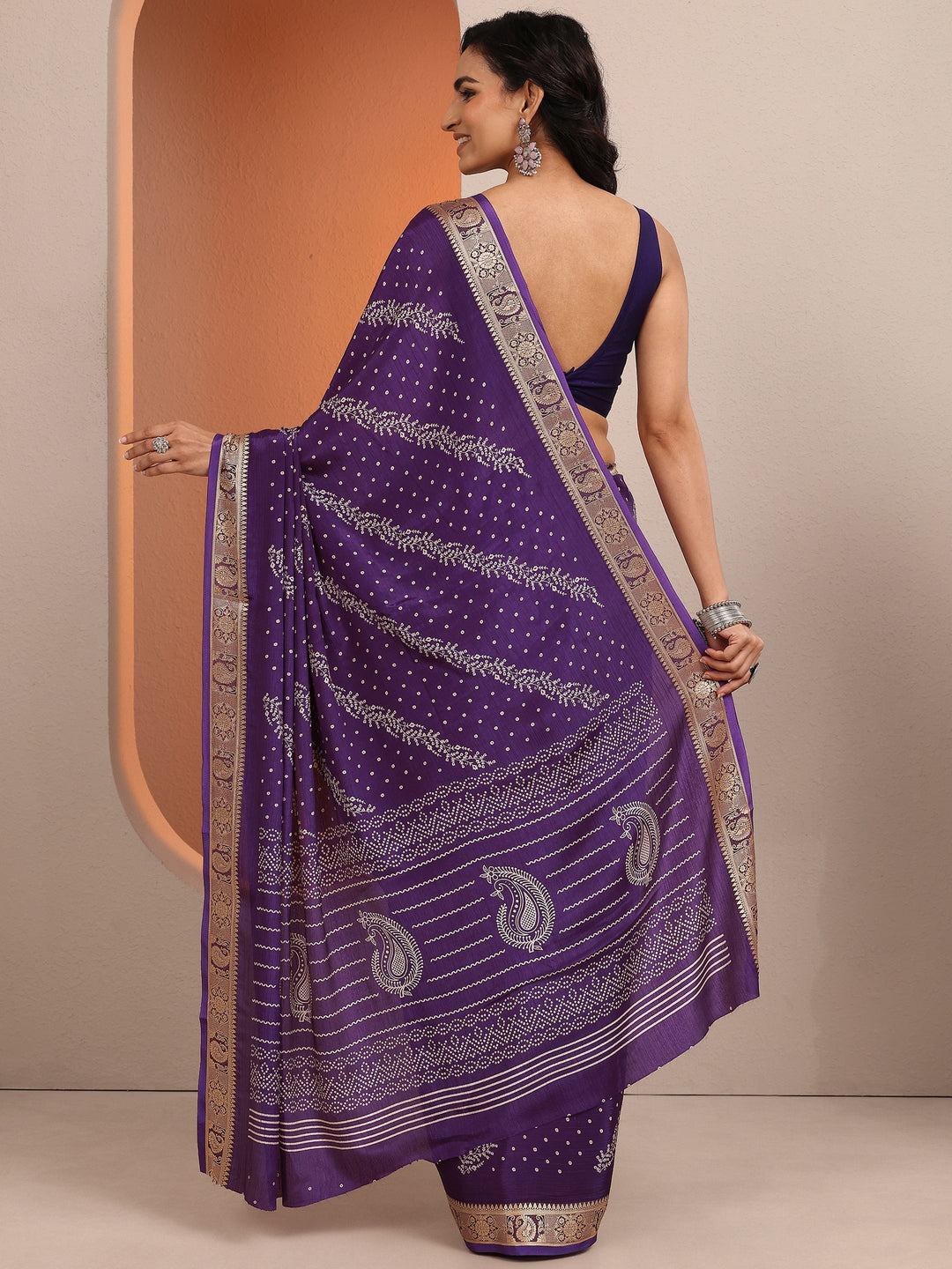  Purple Bandhani Printed Silk Blend Saree With Unstitched Blouse Piece 