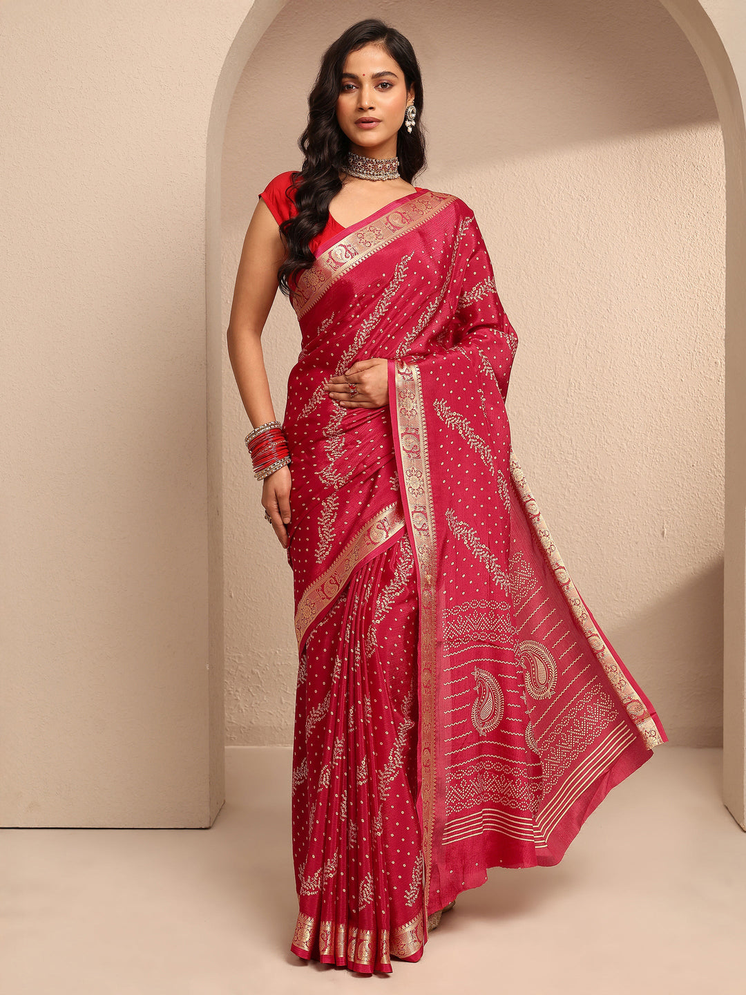  Red Bandhani Printed Silk Blend Saree With Unstitched Blouse Piece 